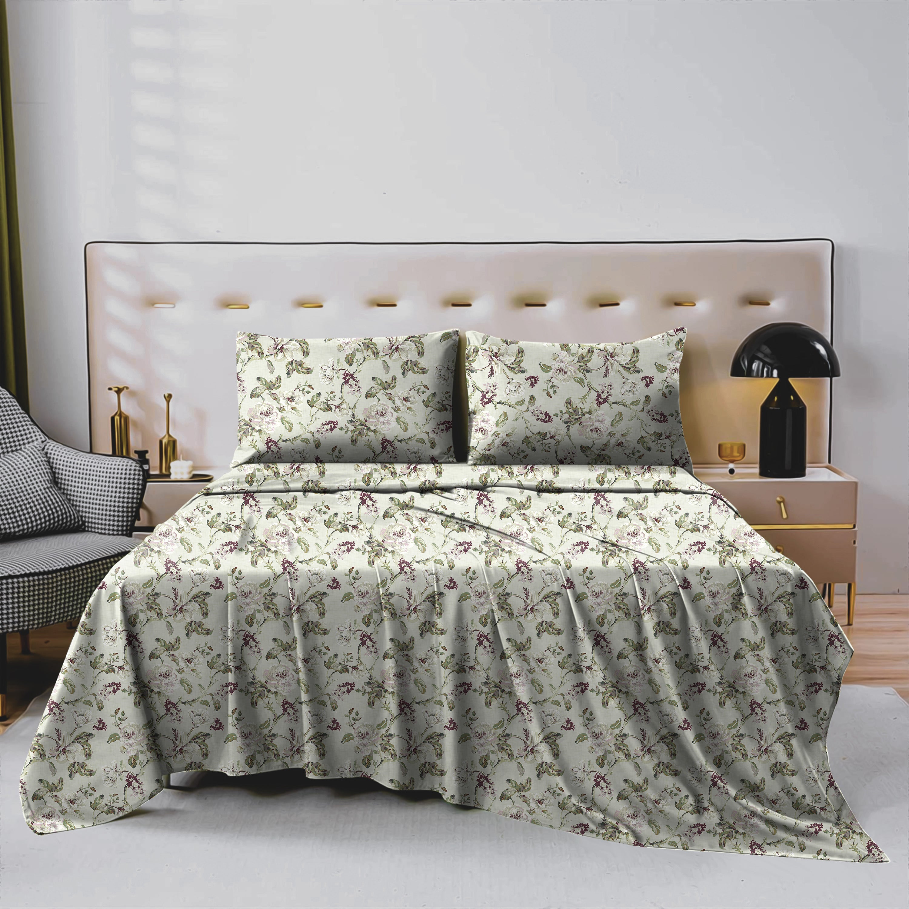 Woodland Beige Purple Bedcover for Double Bed with 2 PillowCovers King Size (104" X 90")