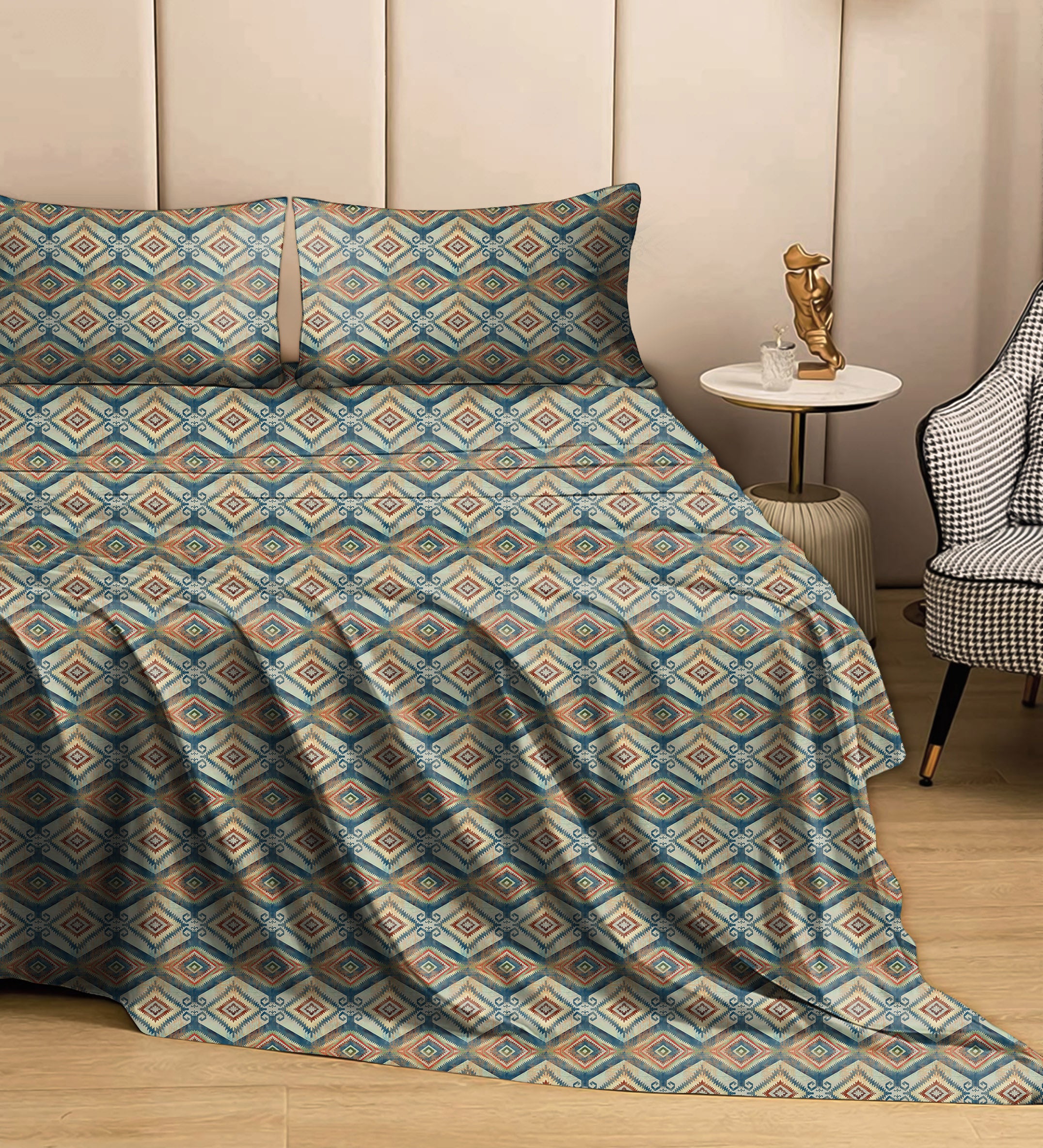 Madrid Blue Bedcover for Double Bed with 2 PillowCovers King Size (104" X 90") Bedspread
