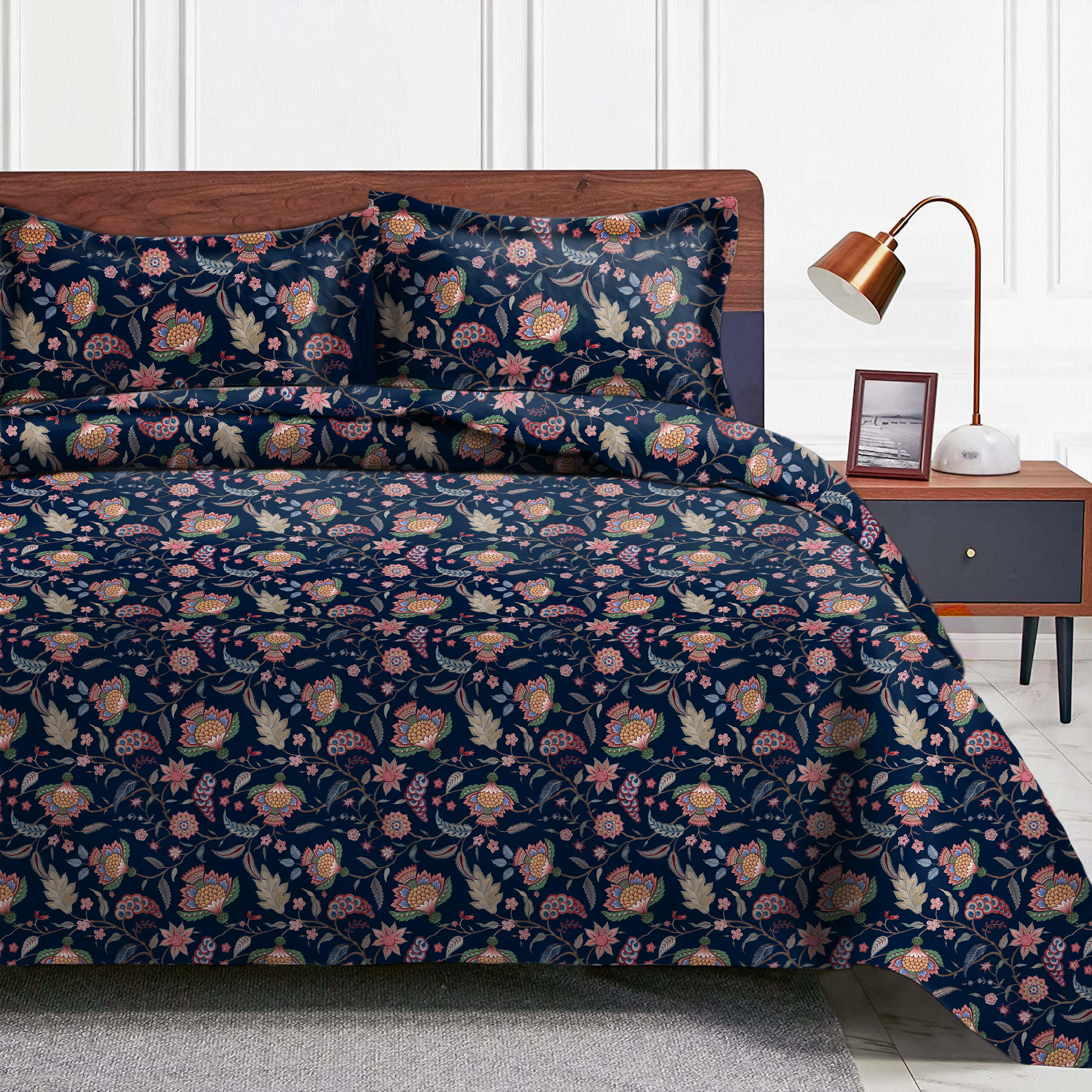 Kasbah Dark Blue Bedsheet for Double Bed with 2 Pillow Covers Size (104" X 90")