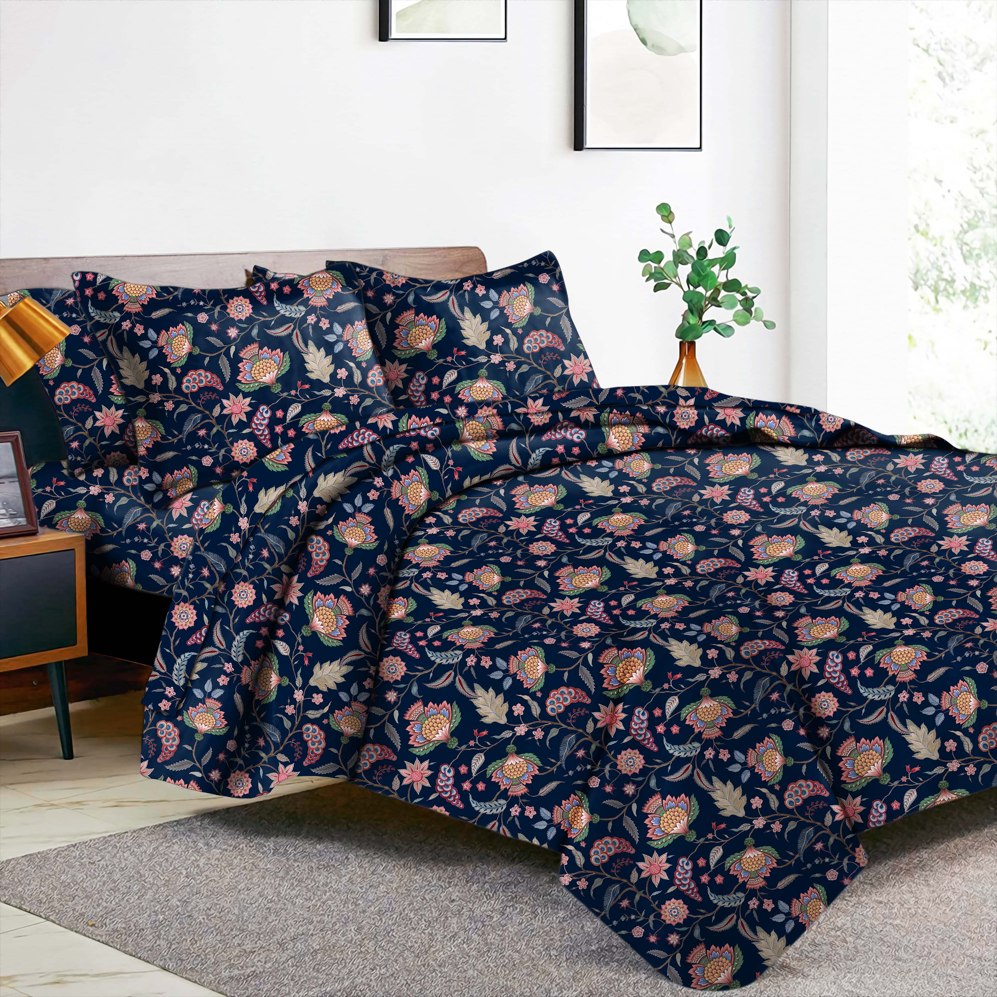 Kasbah Dark Blue Bedsheet for Double Bed with 2 Pillow Covers Size (104" X 90")