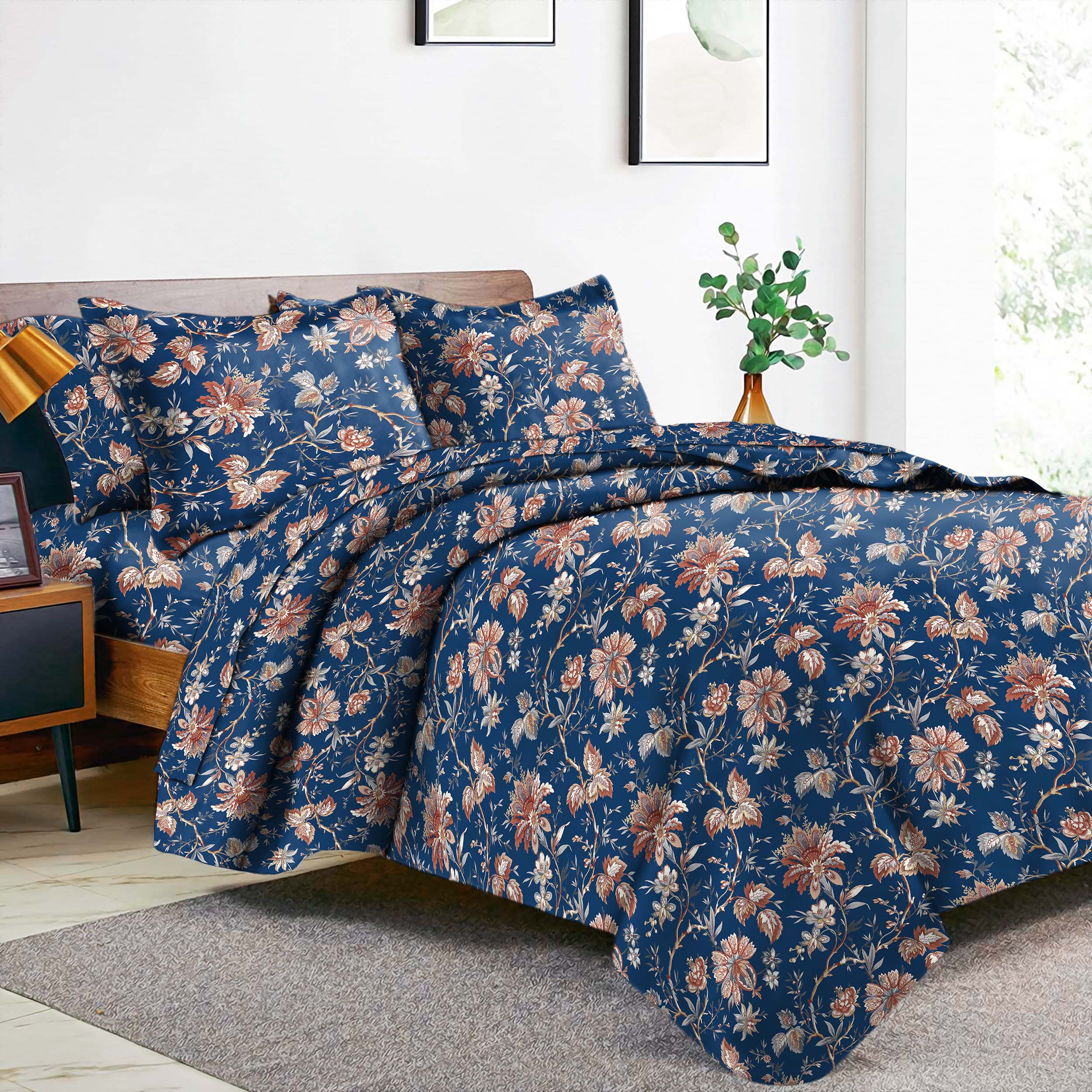 Andaman Blue Bedsheet for Double Bed with 2 PillowCovers King Size (104" X 90")