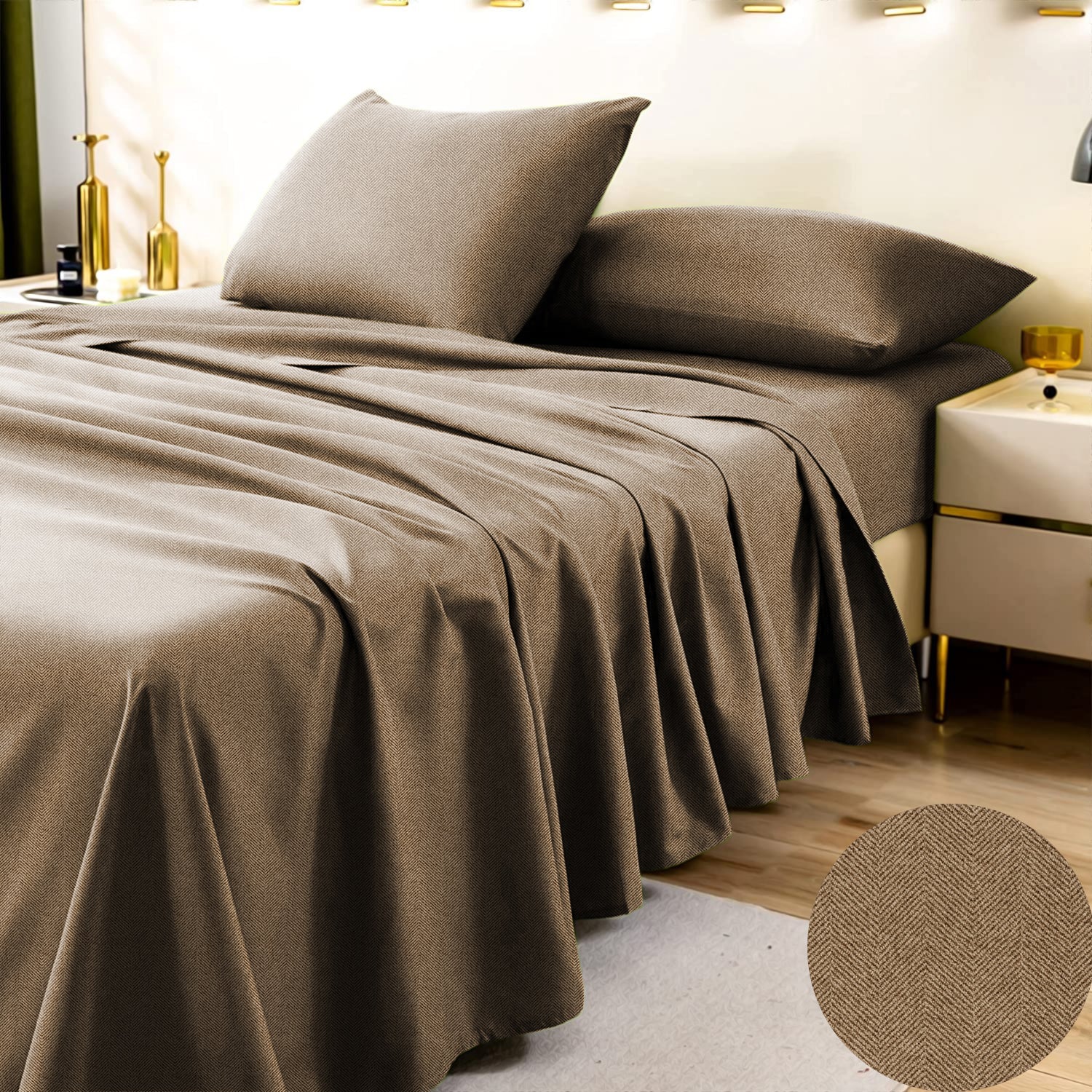 Herringbone Coffee Bedcover for Double Bed with 2 PillowCovers King Size (104" X 90")