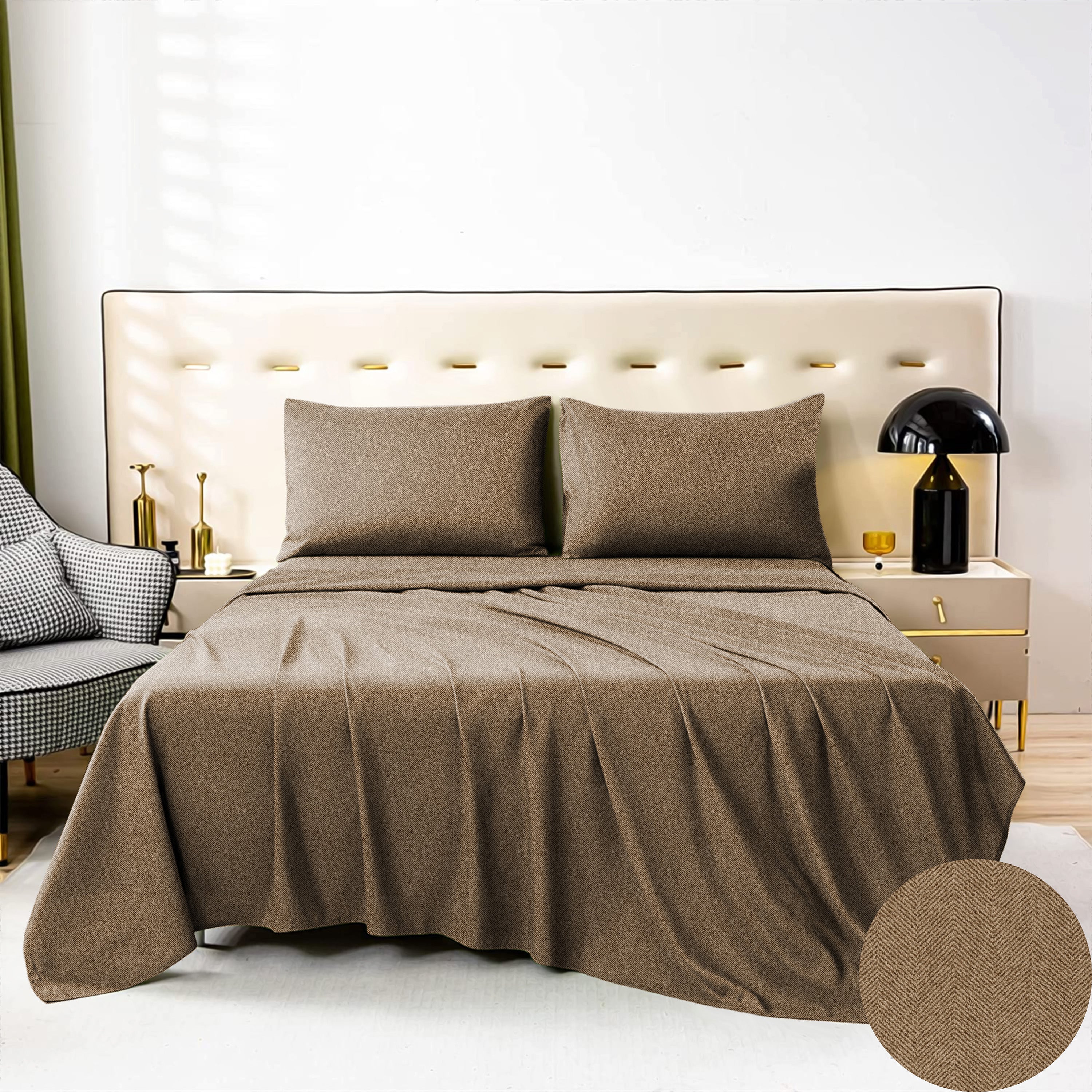 Herringbone Coffee Bedcover for Double Bed with 2 PillowCovers King Size (104" X 90")