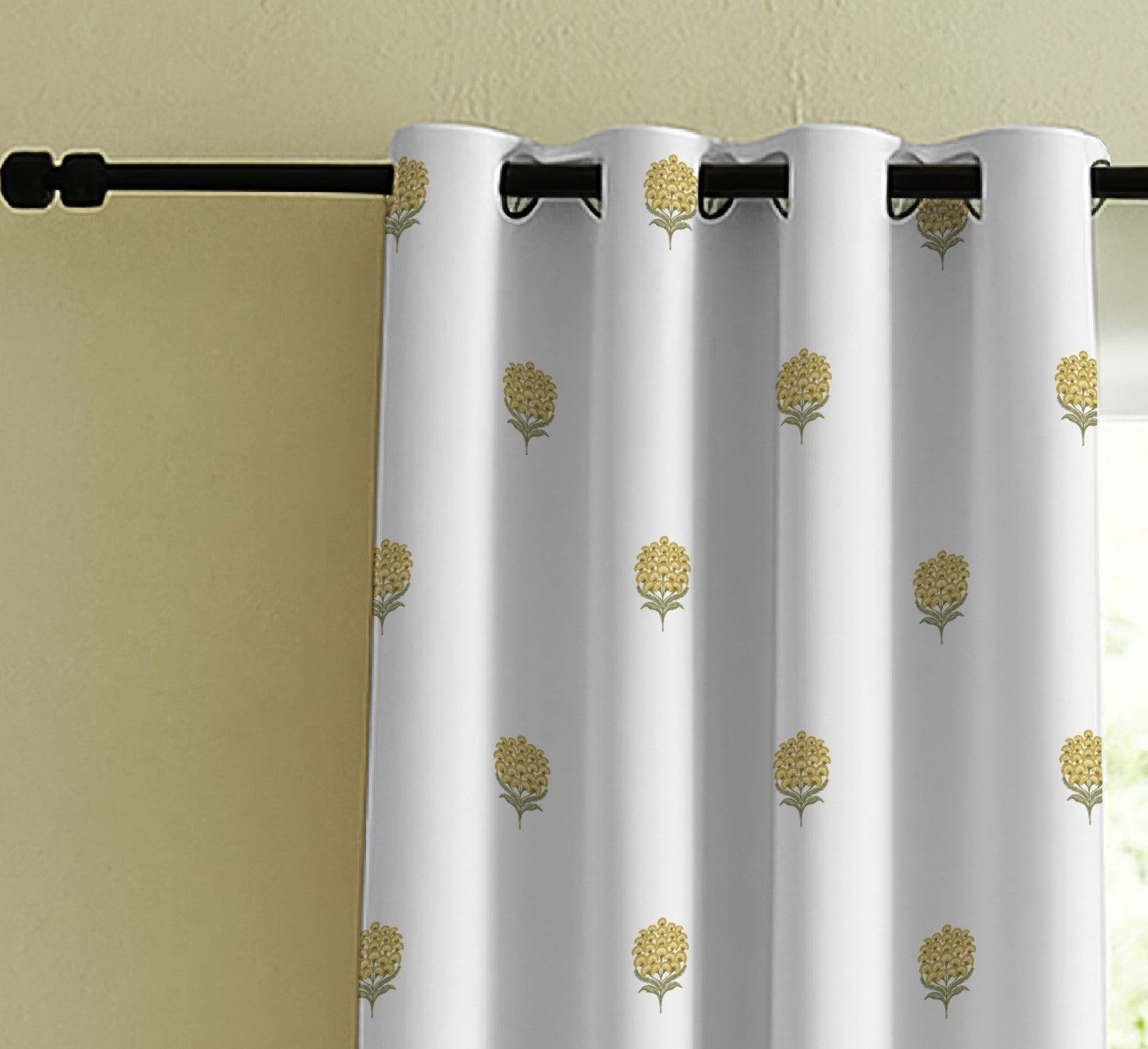 POKHARA MATTY MUSTARD PRINTED ROOM DARKENER/100% BLACKOUT CURTAIN