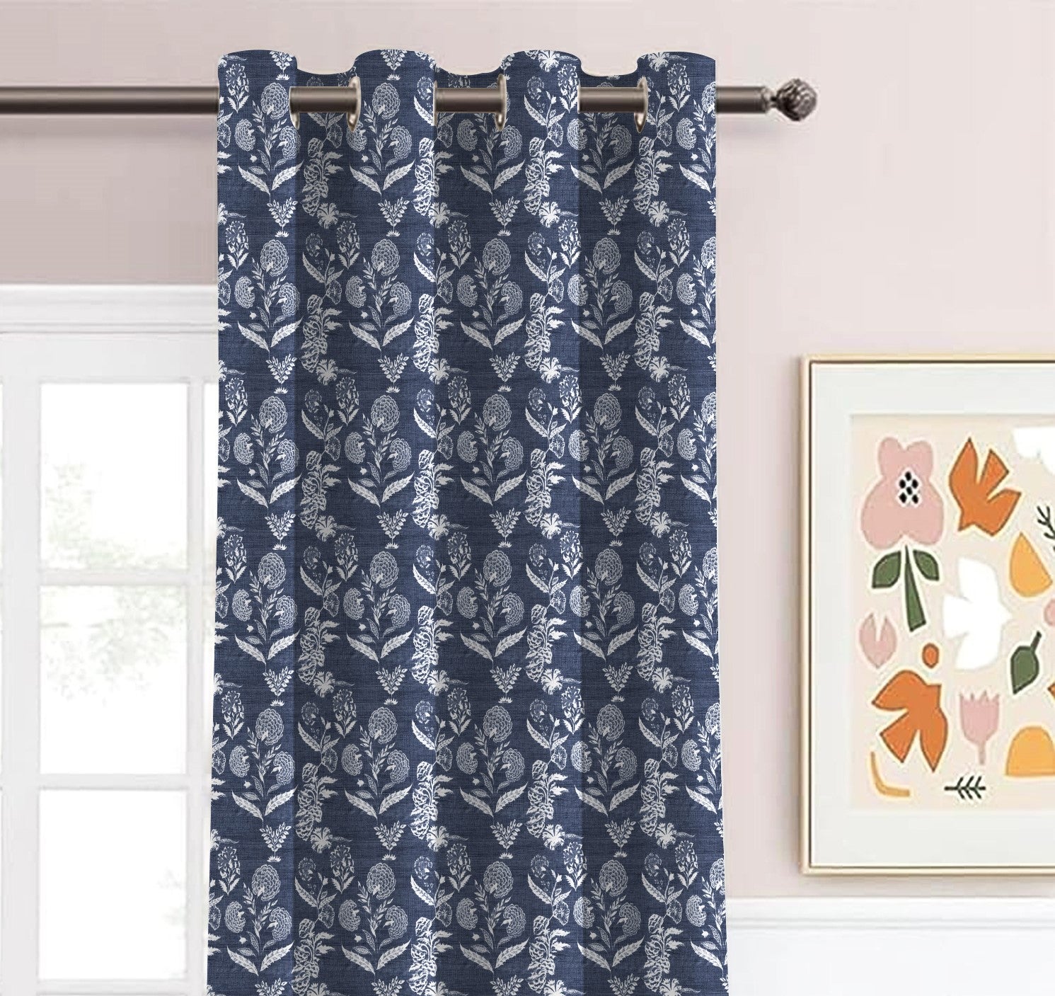 AURELIA MATTY DARK BLUE PRINTED ROOM DARKENER/100% BLACKOUT CURTAIN
