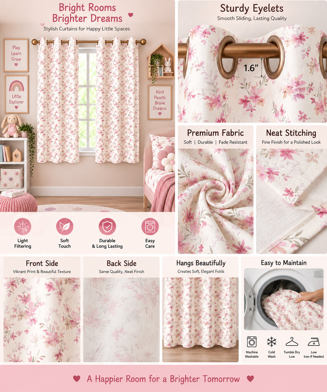 Flowers Pink Printed Curtain