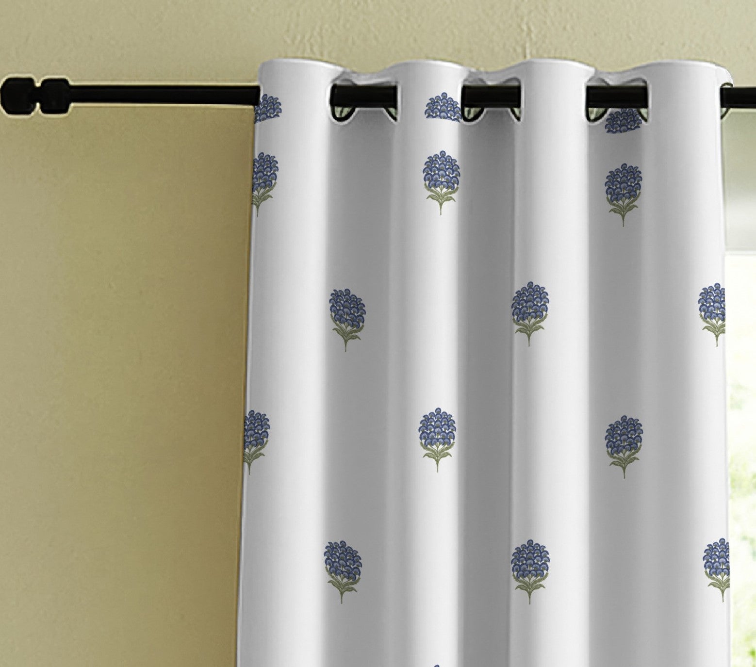POKHARA MATTY BLUE PRINTED ROOM DARKENER/100% BLACKOUT CURTAIN