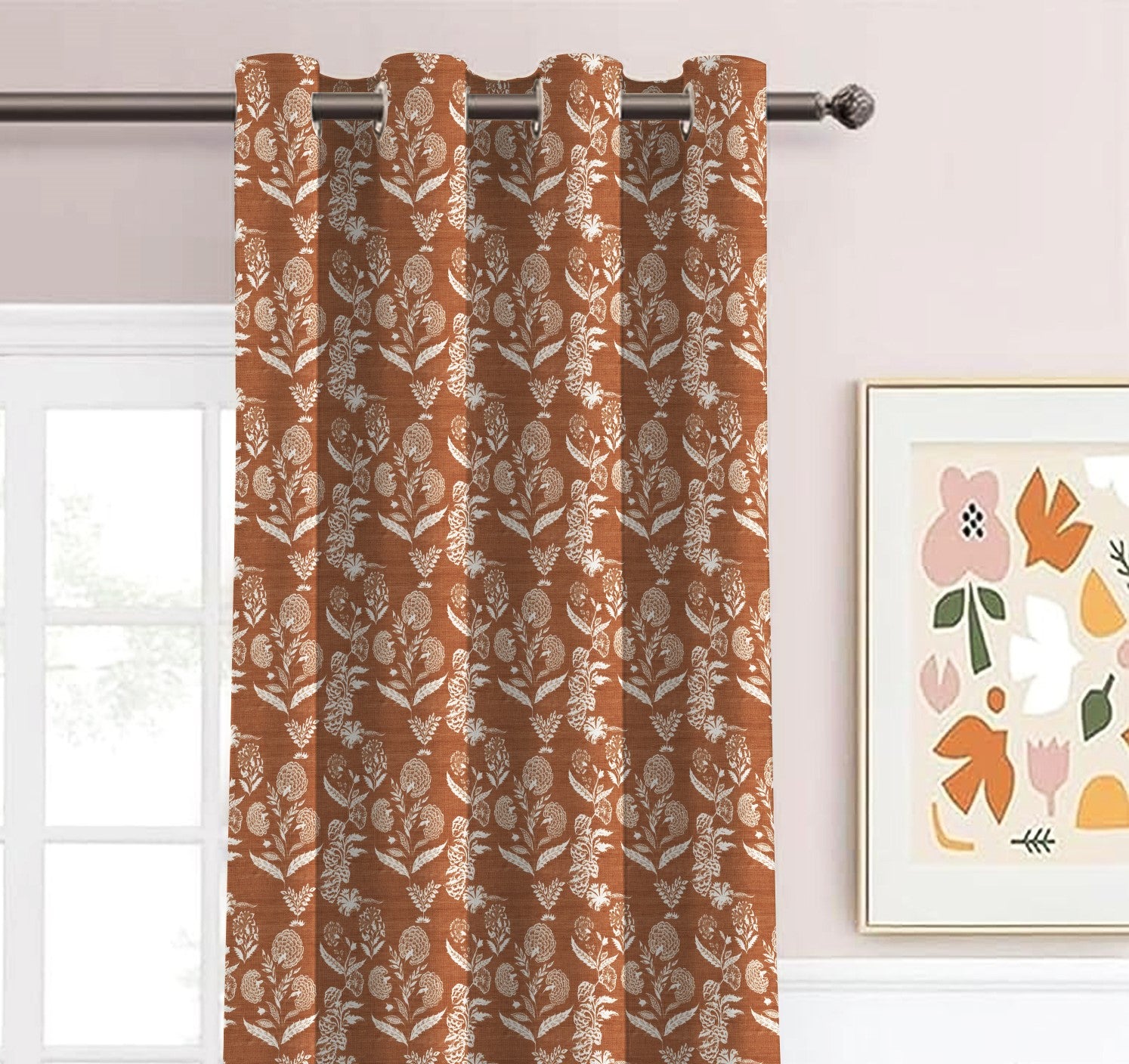 AURELIA MATTY ORANGE PRINTED ROOM DARKENER/100% BLACKOUT CURTAIN