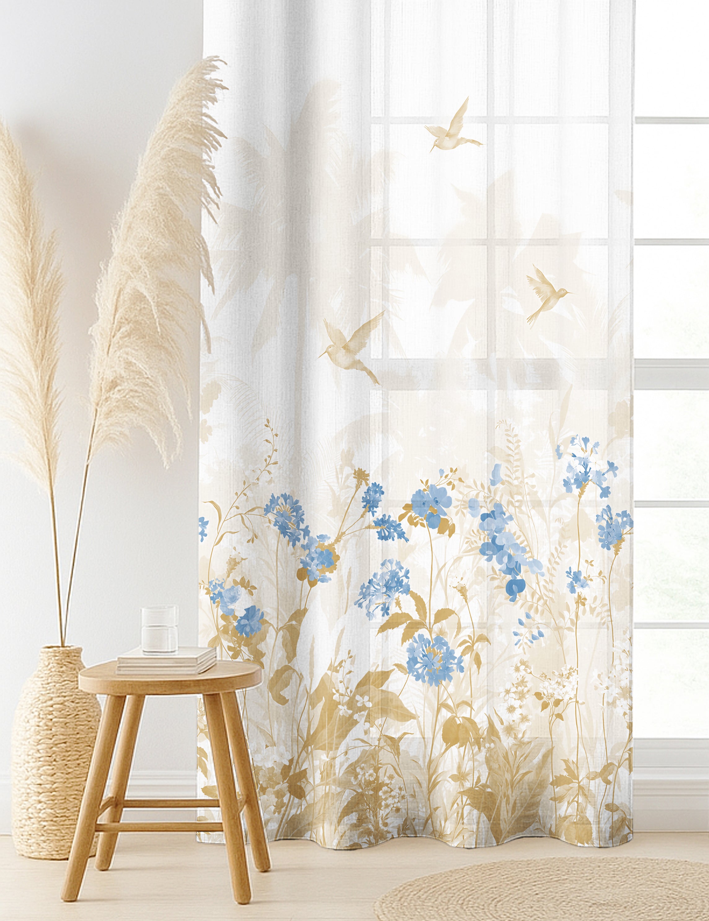 COASTAL BLUE LINEN PRINTED SHEER CURTAIN
