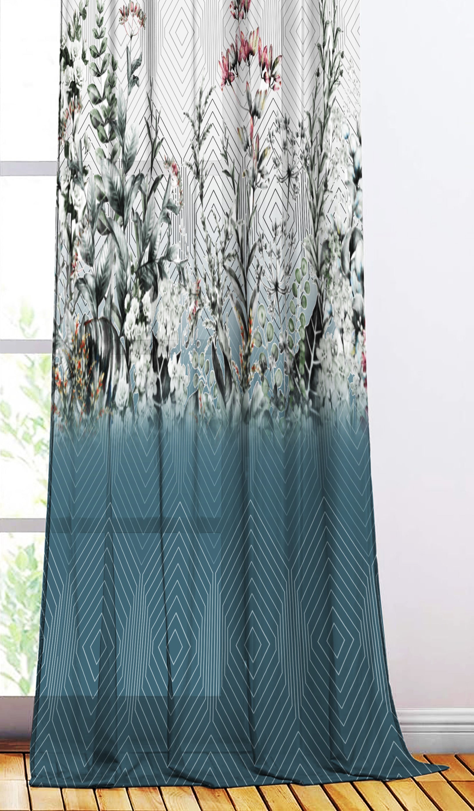 SULTANAHMET TEAL LINEN PRINTED SHEER CURTAIN