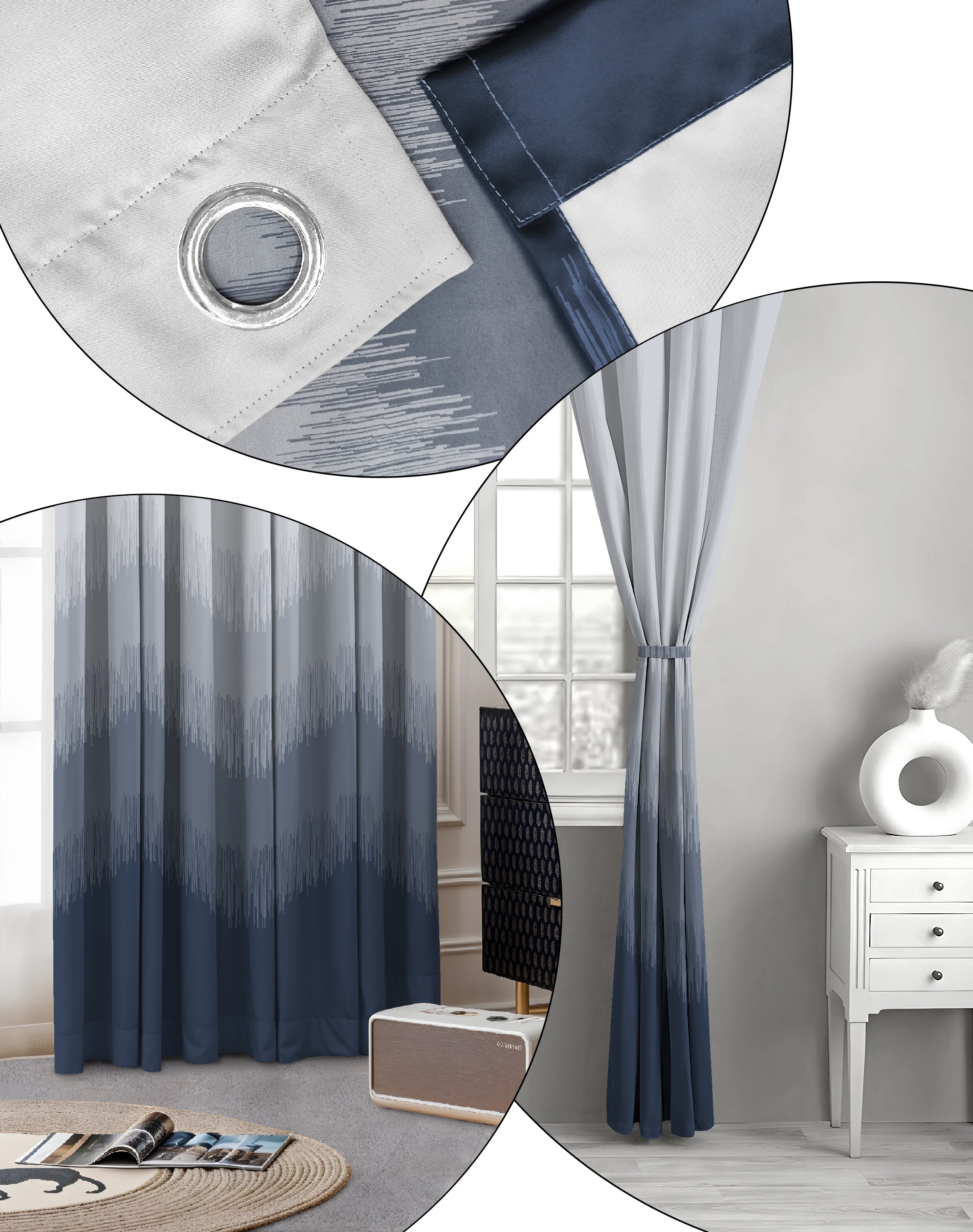 KIVO DARK BLUE DIGITAL PRINTED BLACKOUT CURTAINS