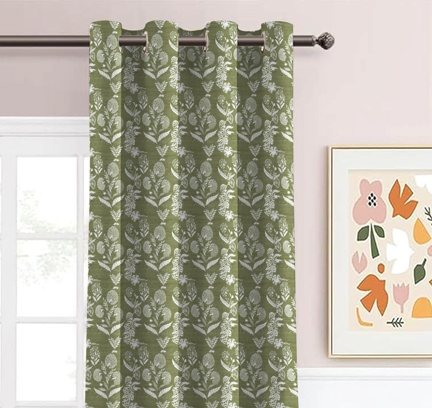AURELIA MATTY OLIVE GREEN PRINTED ROOM DARKENER/100% BLACKOUT CURTAIN