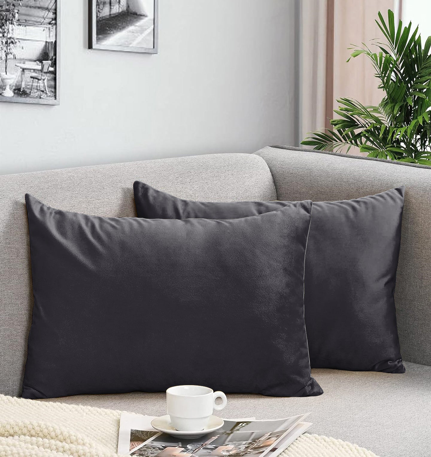 CASABLEU VELVET RECTANGULAR CUSHION COVER THROW PILLOW COVER FOR LIVING ROOM COUCH SINGLE SOFA, COLOURFUL MODERN 12 X 18 INCHES / 30 X 45 CM (COLOUR - D-GREY) (Pack of 2)