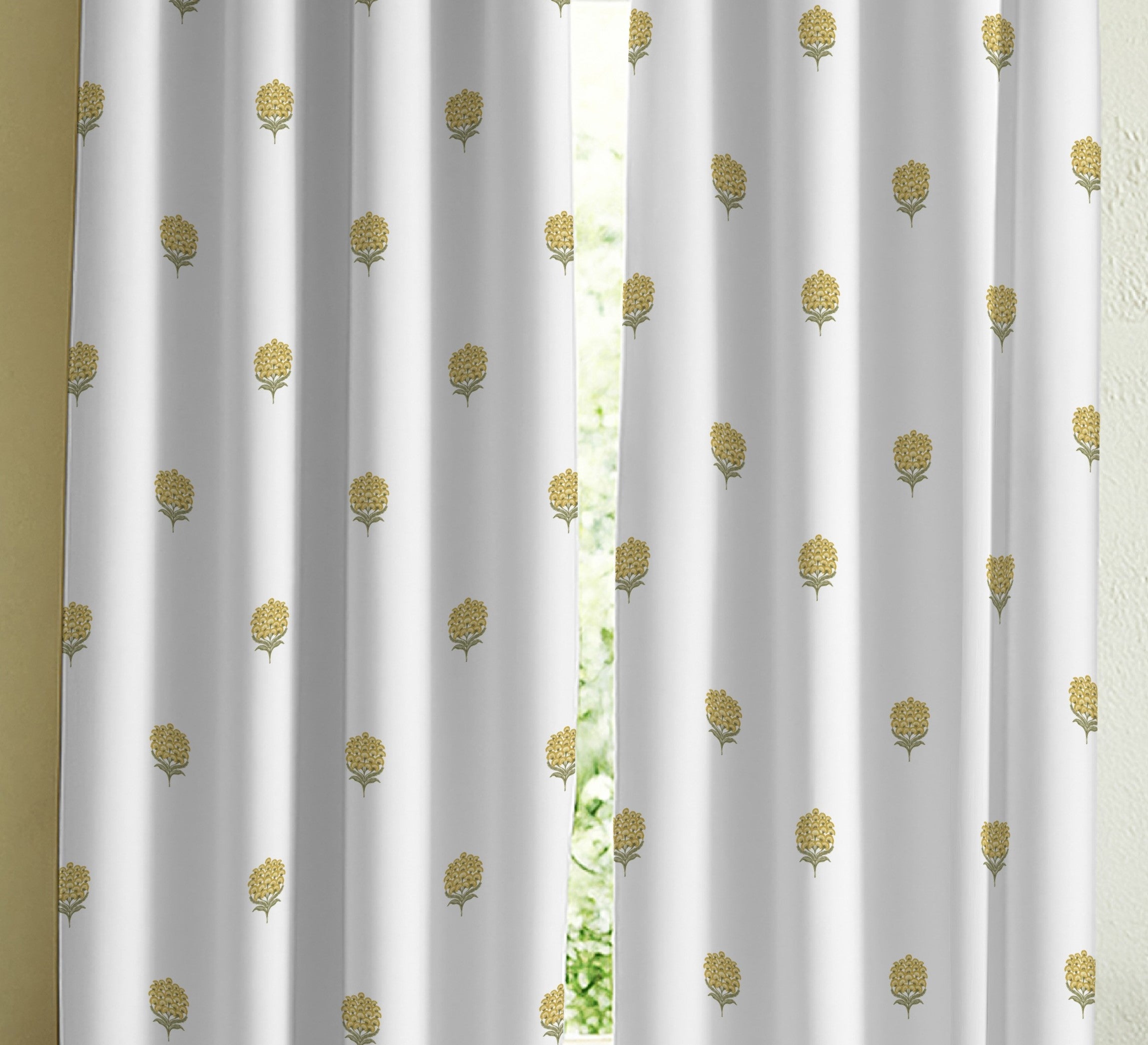 POKHARA MATTY MUSTARD PRINTED ROOM DARKENER/100% BLACKOUT CURTAIN