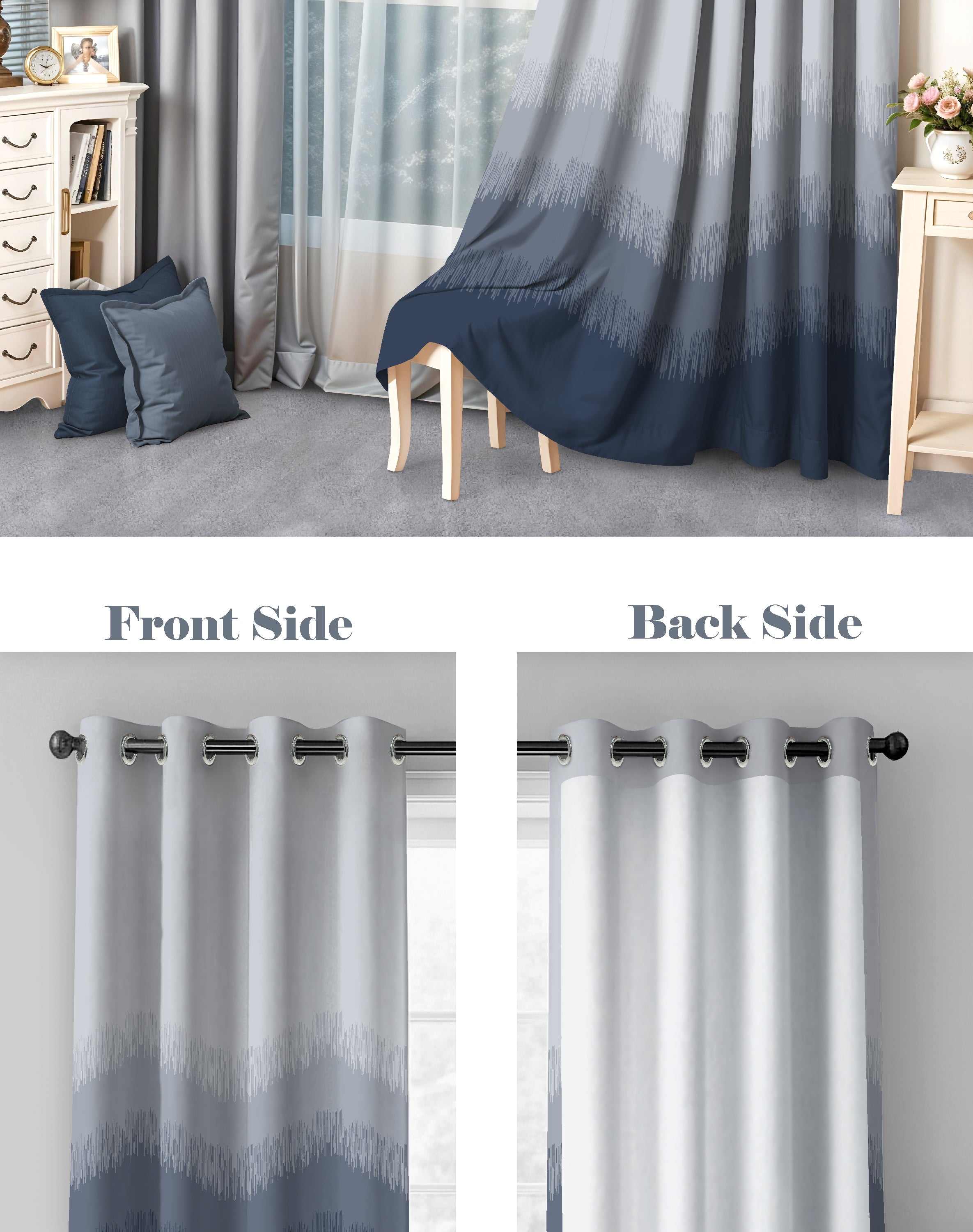 KIVO DARK BLUE DIGITAL PRINTED BLACKOUT CURTAINS