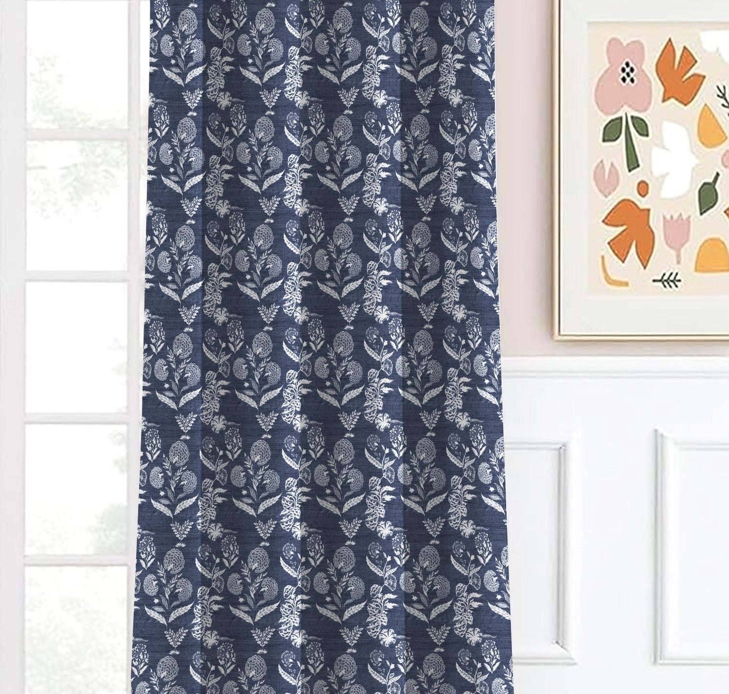 AURELIA MATTY DARK BLUE PRINTED ROOM DARKENER/100% BLACKOUT CURTAIN