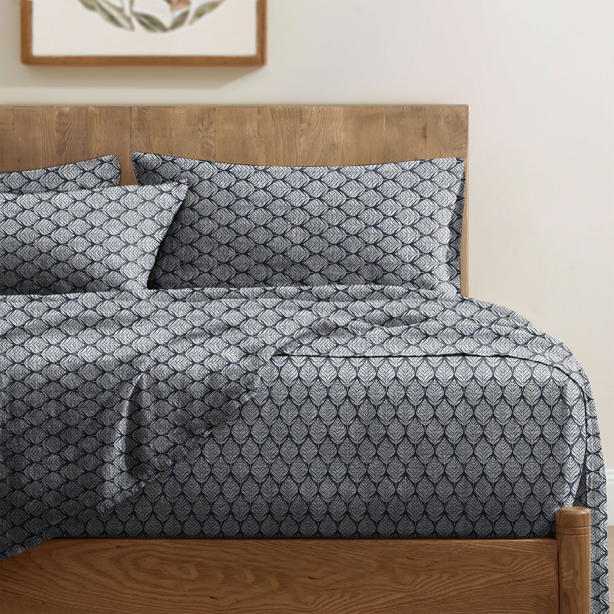 Meadow Leaf Dark Grey Bedcover for Double Bed with 2 Pillow Covers King Size (104" X 90")