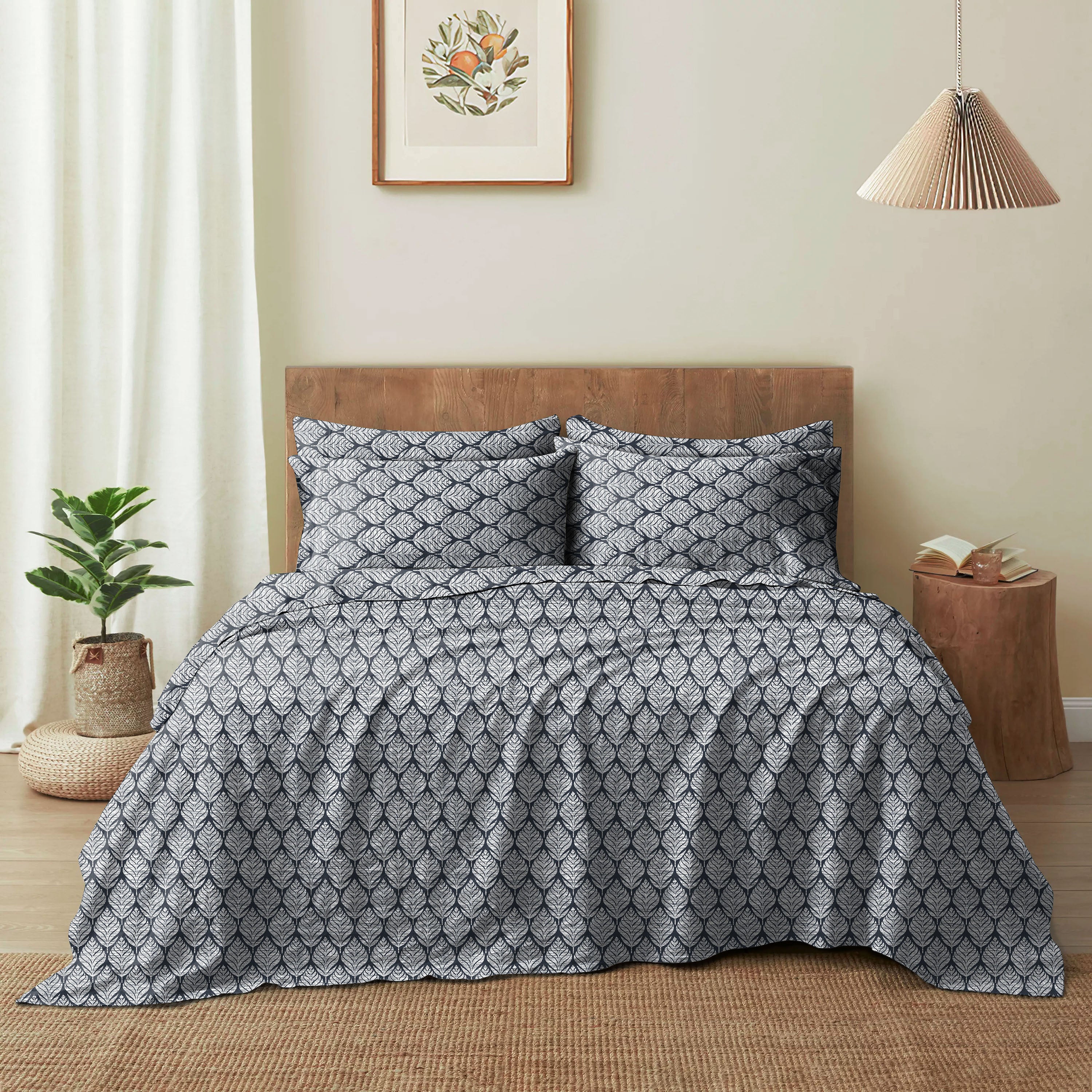 Meadow Leaf Dark Grey Bedcover for Double Bed with 2 Pillow Covers King Size (104" X 90")
