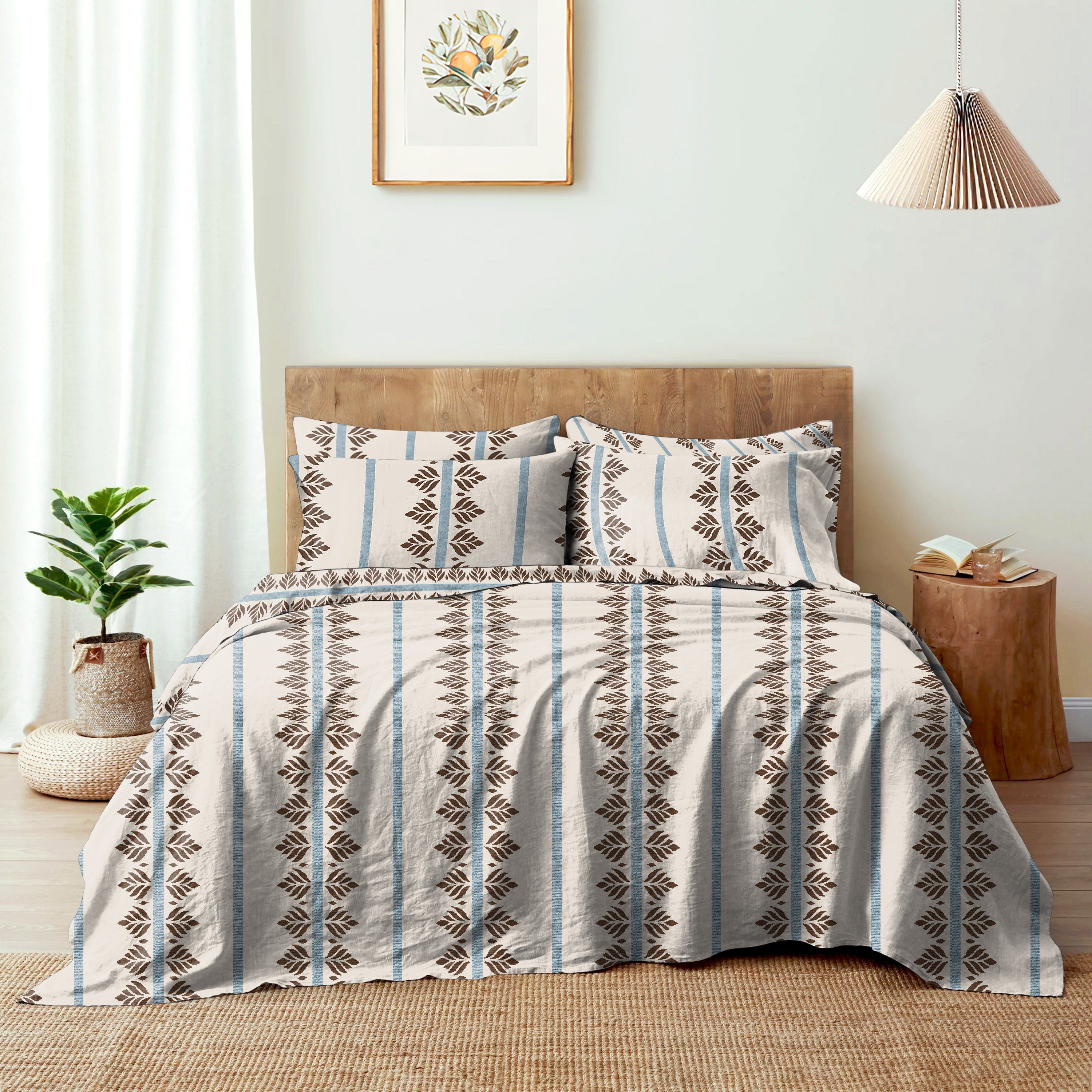 CASABLEU MICROFIBER FERN STRIP PREMIUM BEDSHEET FOR DOUBLE BED WITH 2 PILLOW COVERS SIZE (104" X 90")