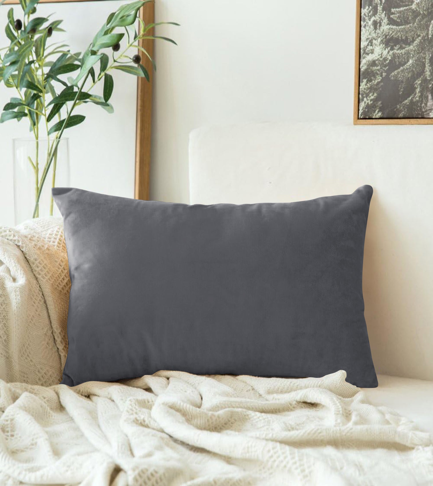 CASABLEU DECORATIVE VELVET RECTANGULAR CUSHION COVER THROW PILLOW COVER FOR LIVING ROOM COUCH SINGLE SOFA, COLOURFUL MODERN 12 X 18 INCHES / 30 X 45 CM (COLOUR - GREY) (SET OF 2 PIECES)