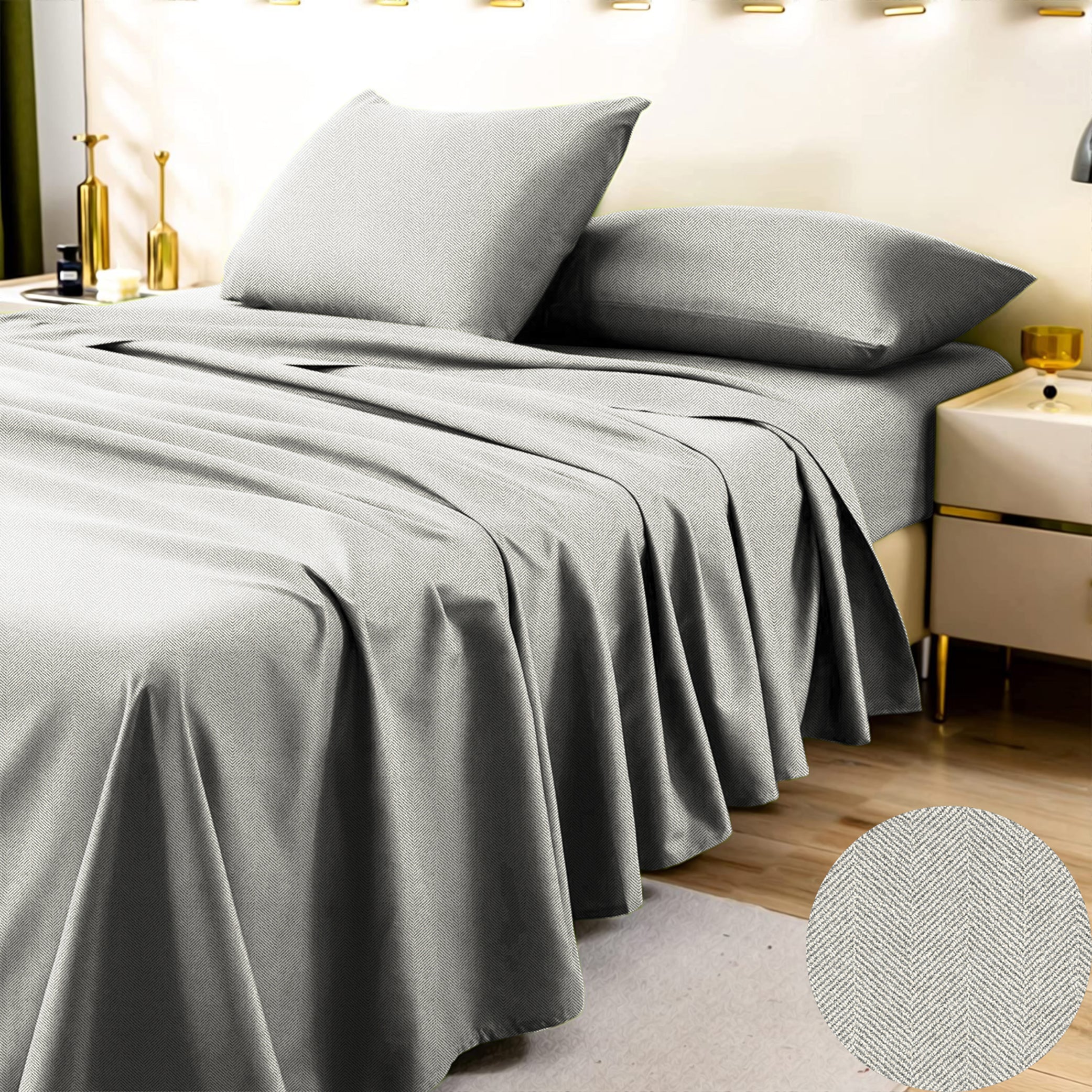 Herringbone Grey Bedcover for Double Bed with 2 PillowCovers King Size (104" X 90")