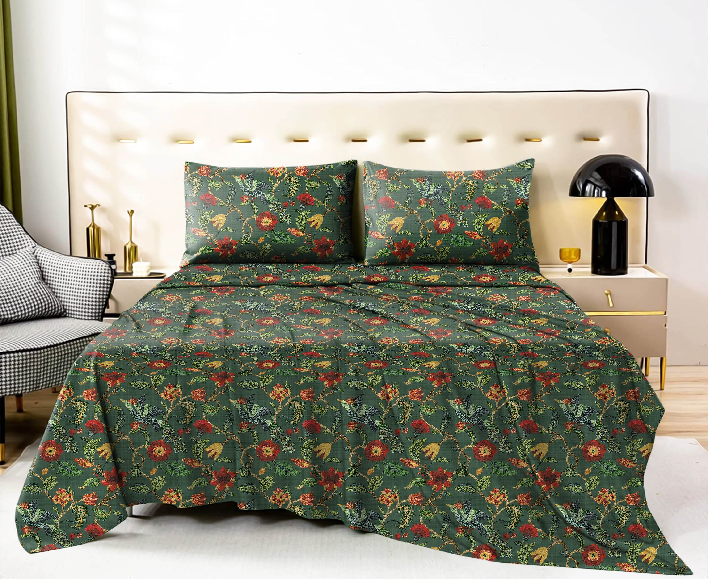 Cabal Green Bedsheet for Double Bed with 2 PillowCovers King Size (104" X 90")