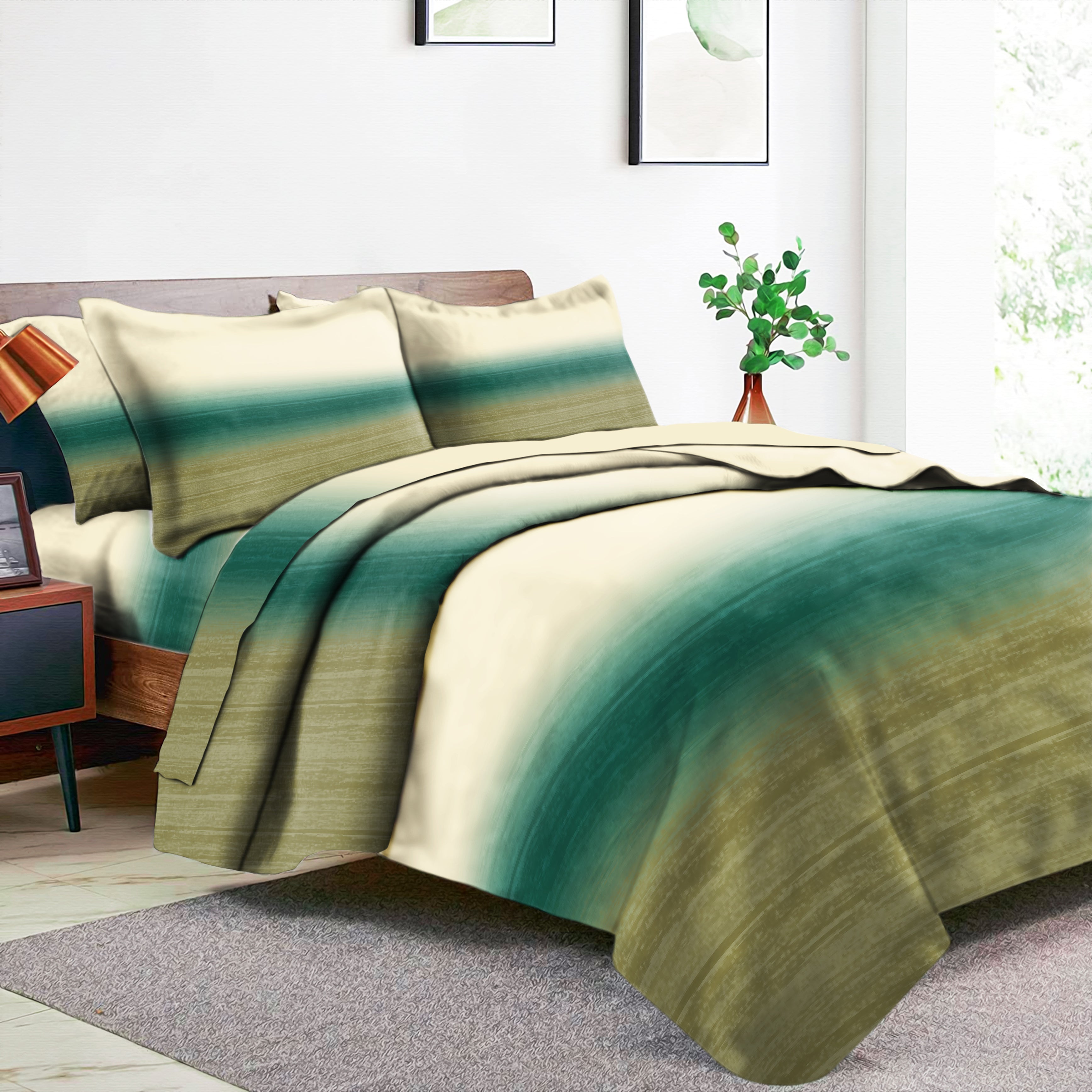 Romano  Green Bedcover for Double Bed with 2 PillowCovers King Size (104" X 90")