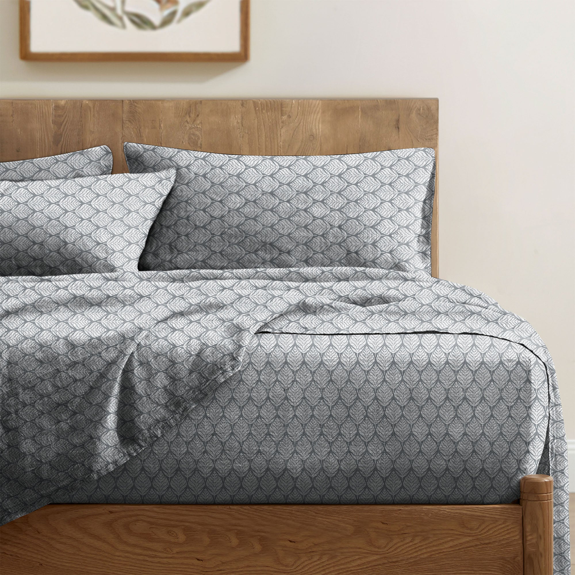 Meadow Leaf Grey Bedcover for Double Bed with 2 Pillow Covers King Size (104" X 90")