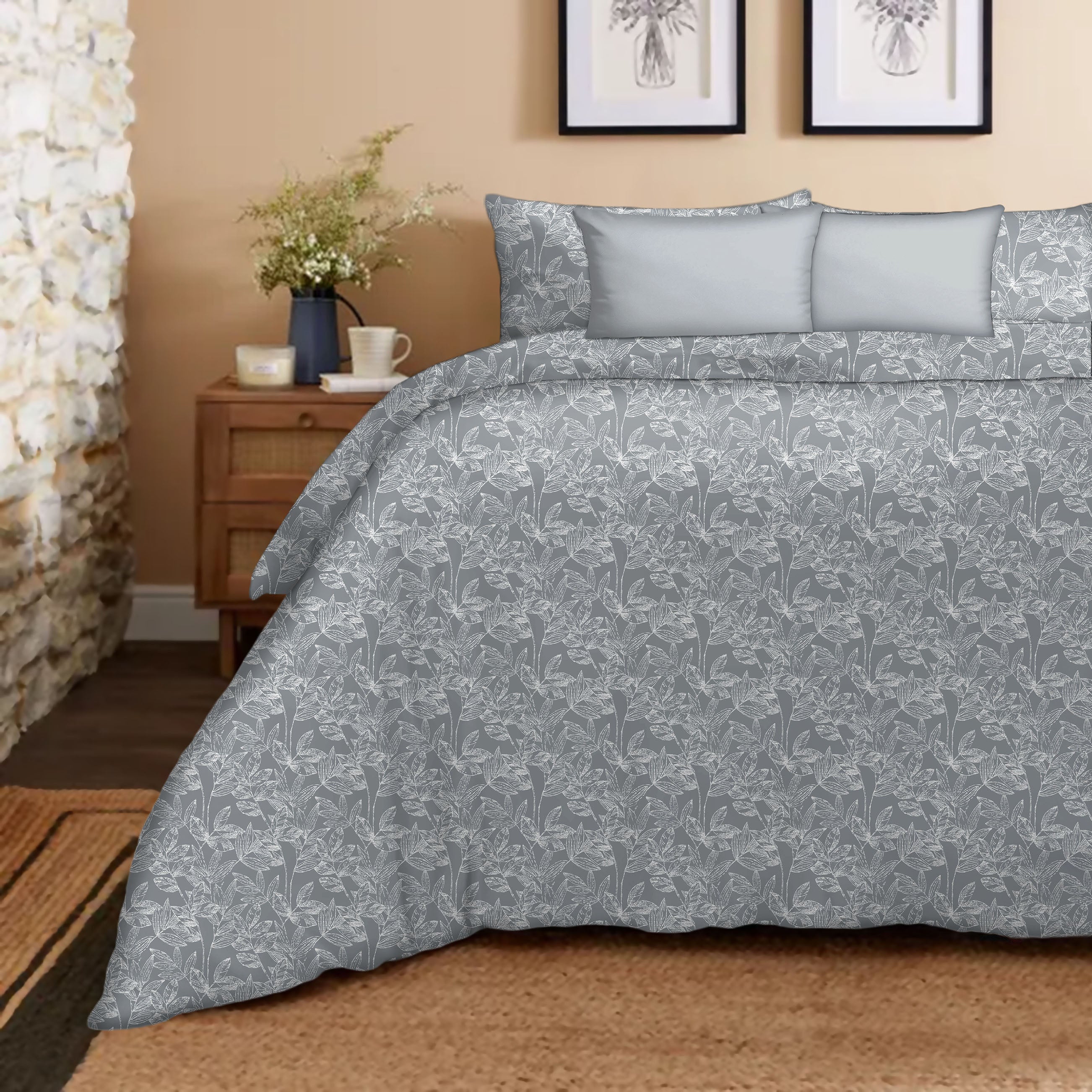 Meadow Grey Bedcover for Double Bed with 2 Pillow Covers King Size (104" X 90")