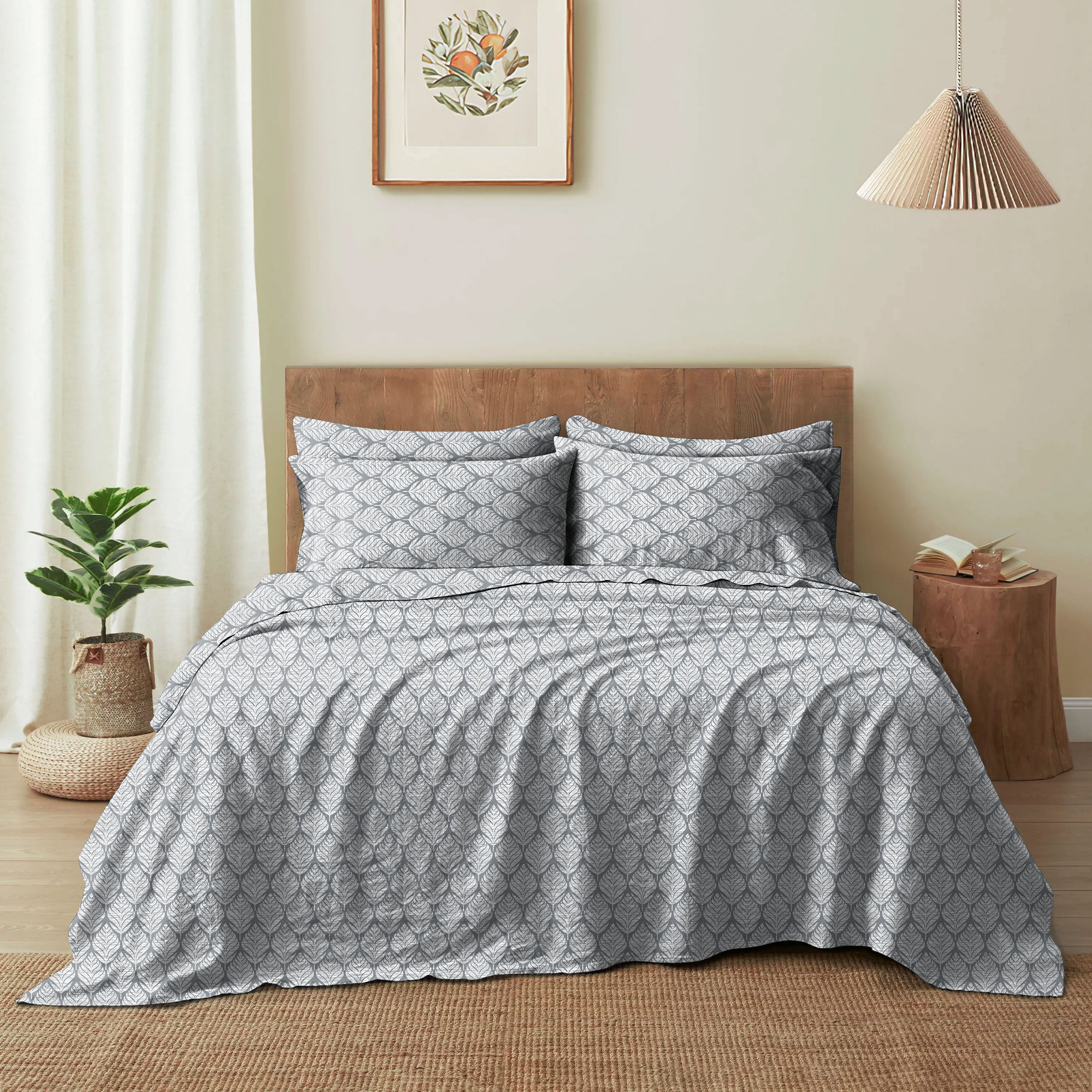 Meadow Leaf Grey Bedcover for Double Bed with 2 Pillow Covers King Size (104" X 90")