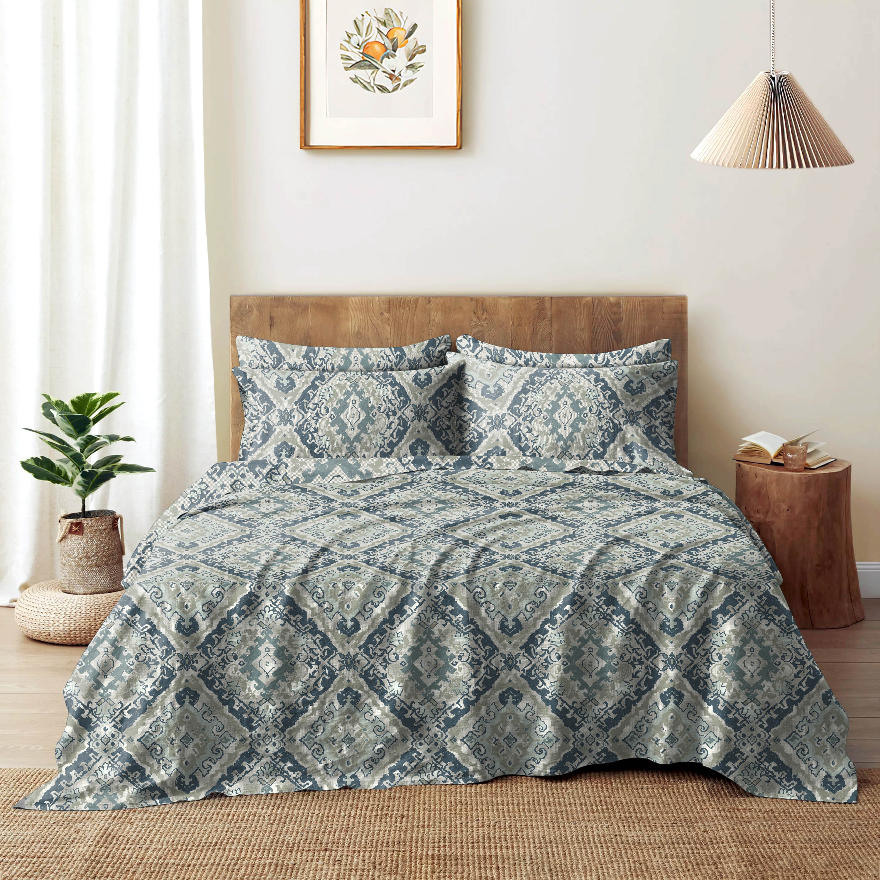MOROCCO INDIGO BEDSHEET FOR DOUBLE BED WITH 2 PILLOWCOVERS  SIZE (104" X 90")