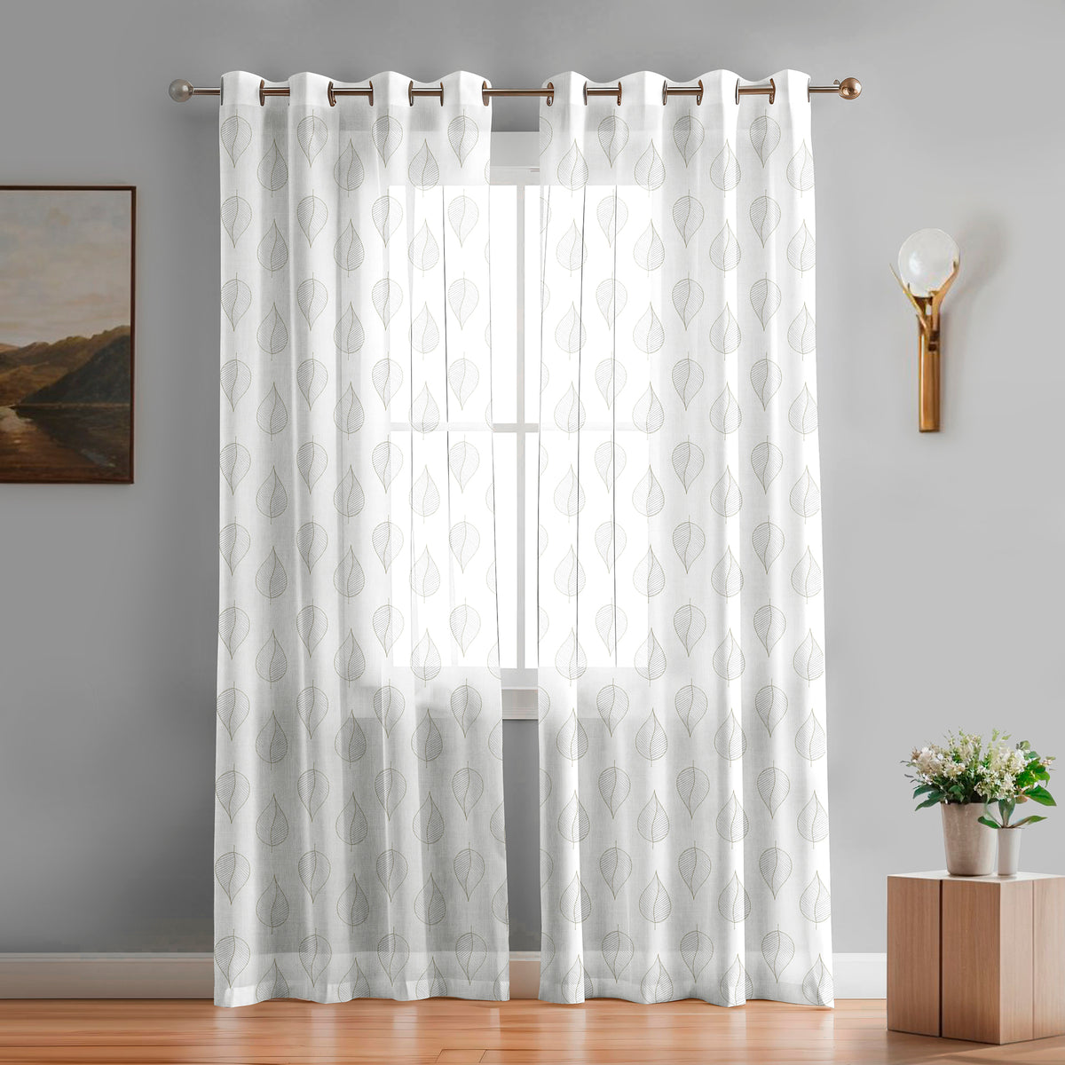 LEAF WHITE LINEN SHEER CURTAIN
