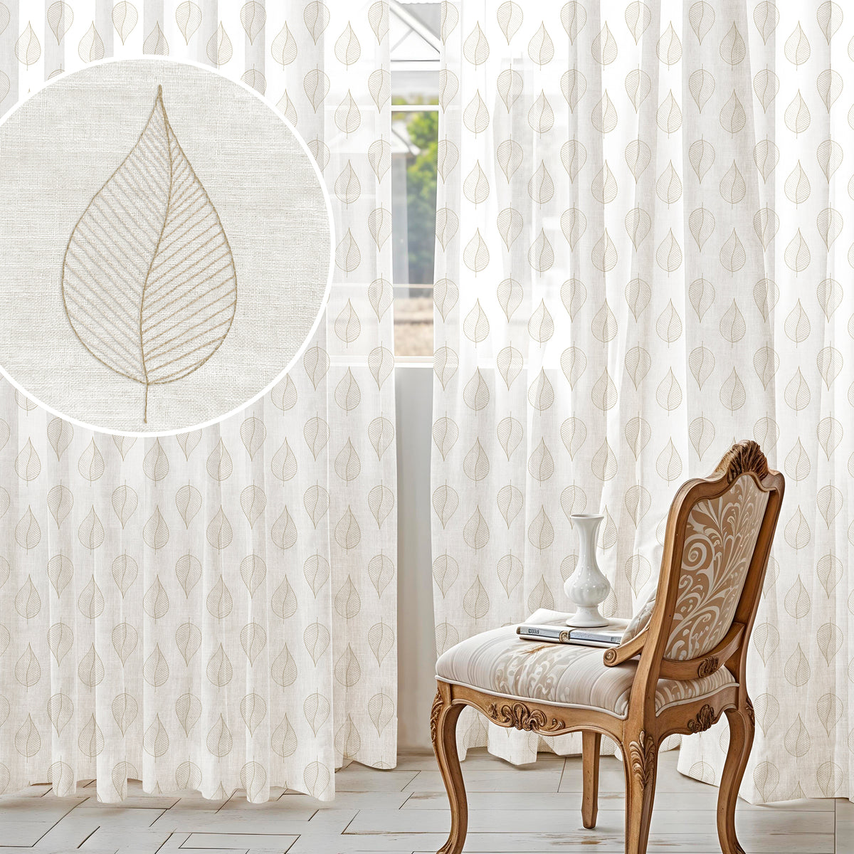LEAF CREAM EMBROIDERED SHEER CURTAIN
