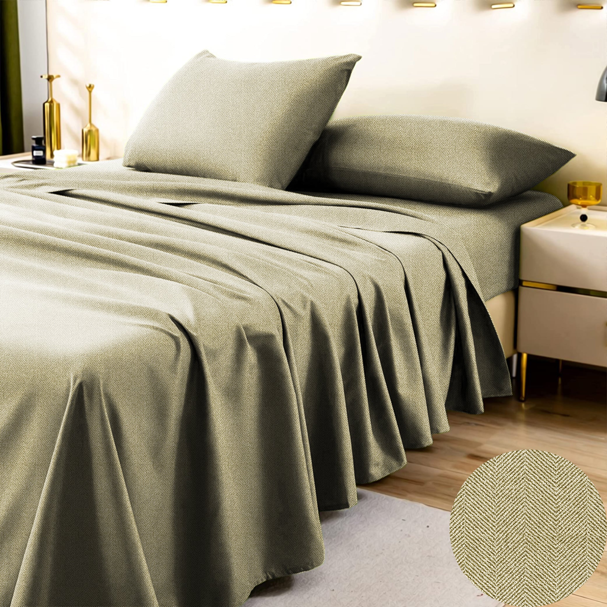 Herringbone L Green Bedcover for Double Bed with 2 PillowCovers King Size (104" X 90")