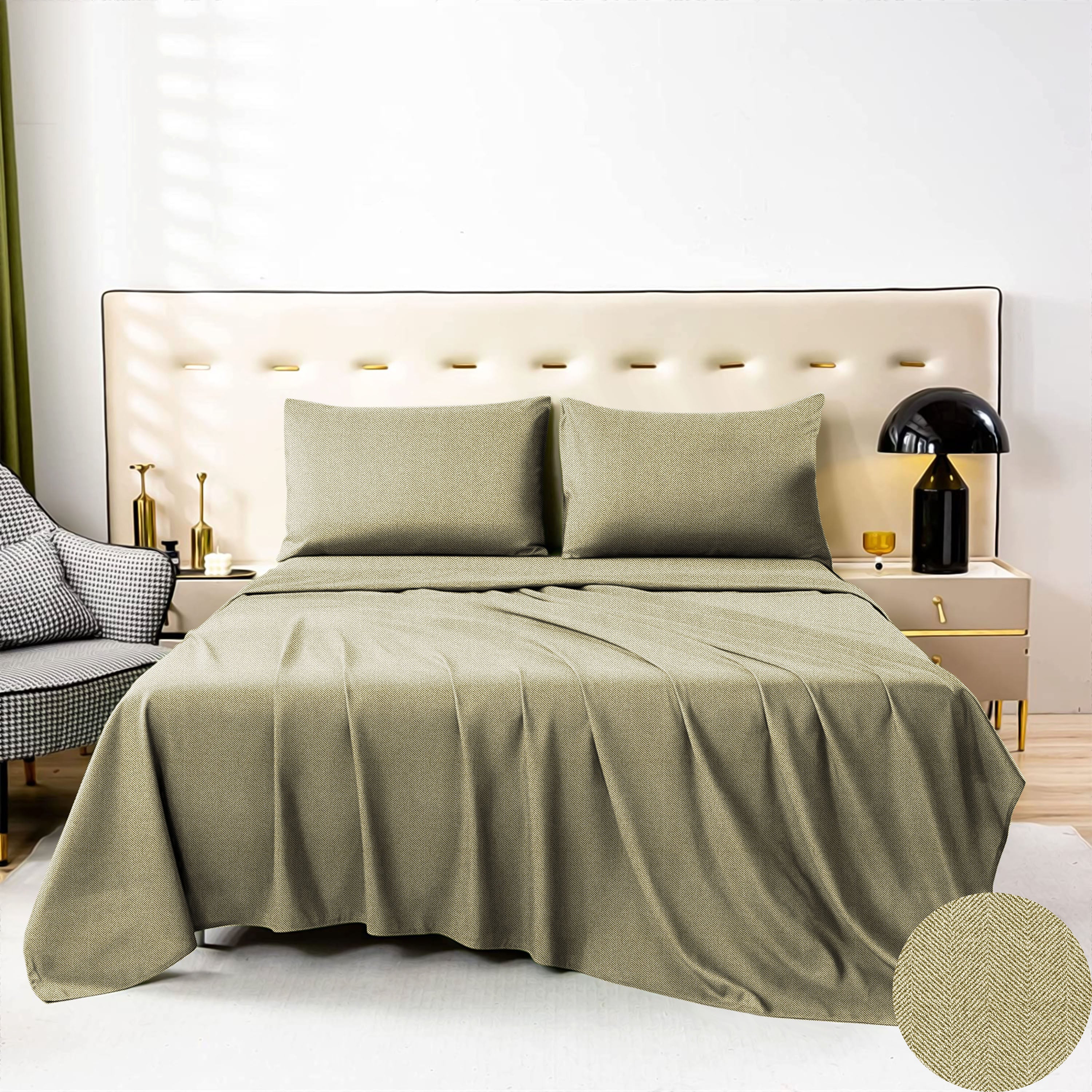 Herringbone L Green Bedcover for Double Bed with 2 PillowCovers King Size (104" X 90")
