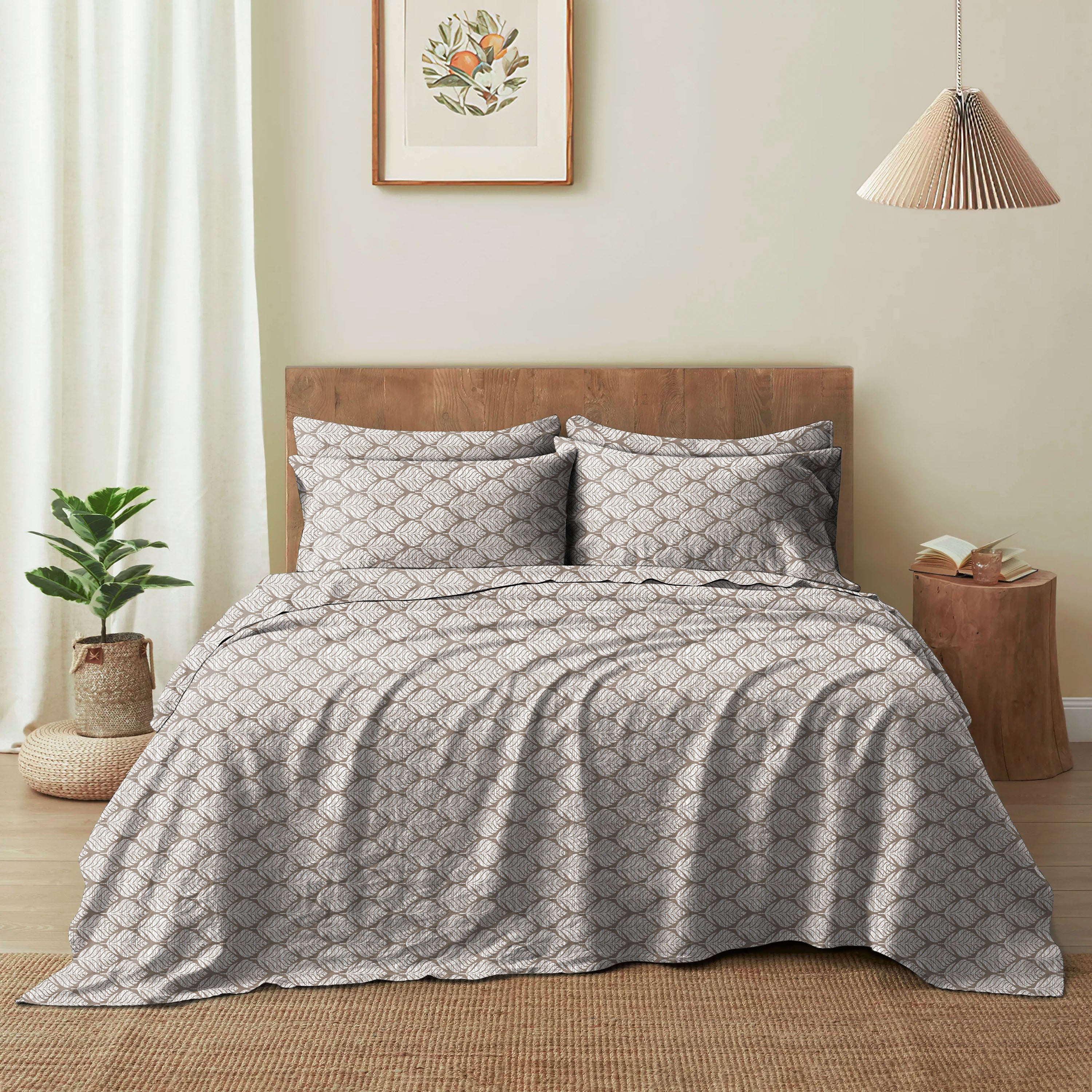 Meadow Leaf Light Brown Bedcover for Double Bed with 2 Pillow Covers King Size (104" X 90")