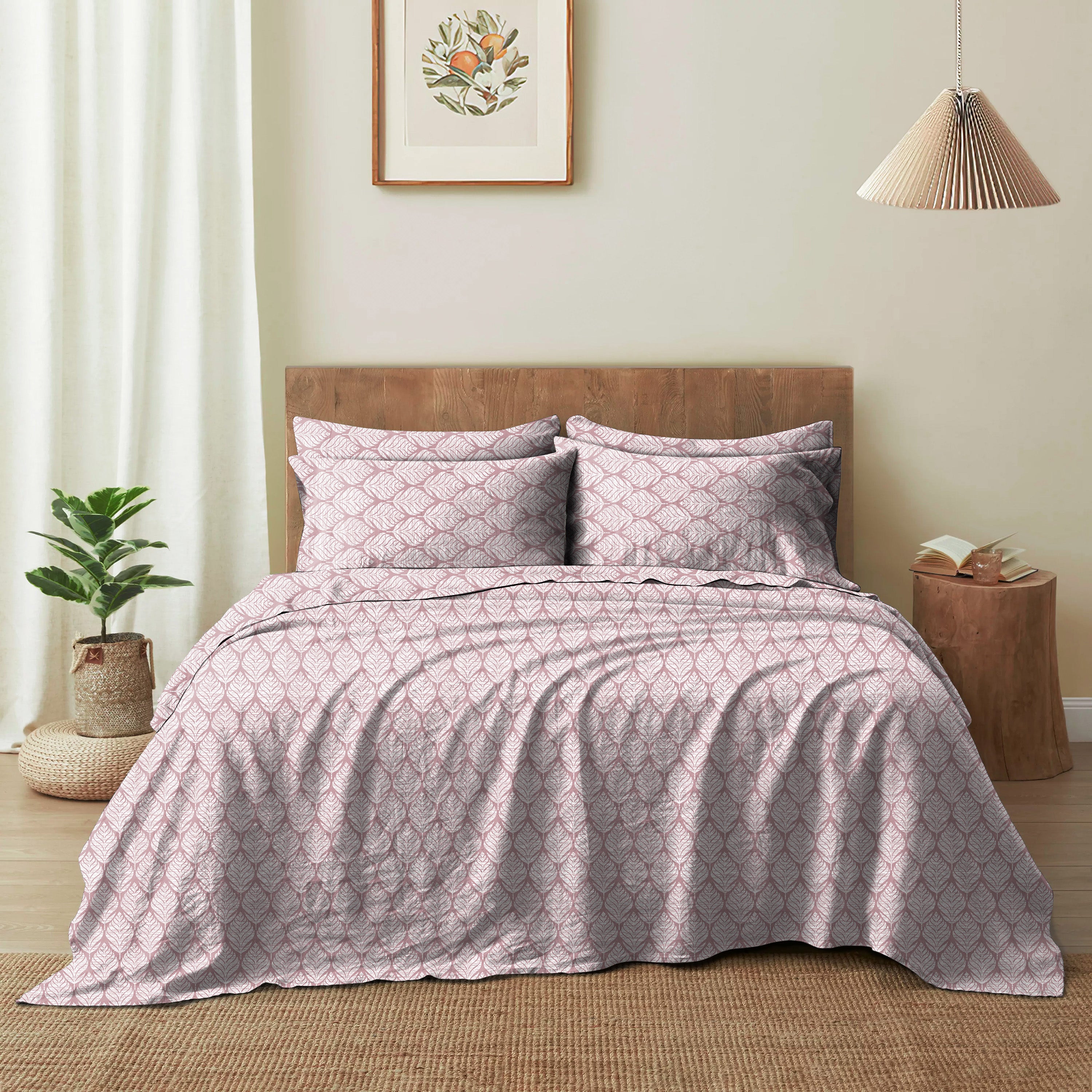 Meadow Leaf Light Pink Bedcover for Double Bed with 2 Pillow Covers King Size (104" X 90")