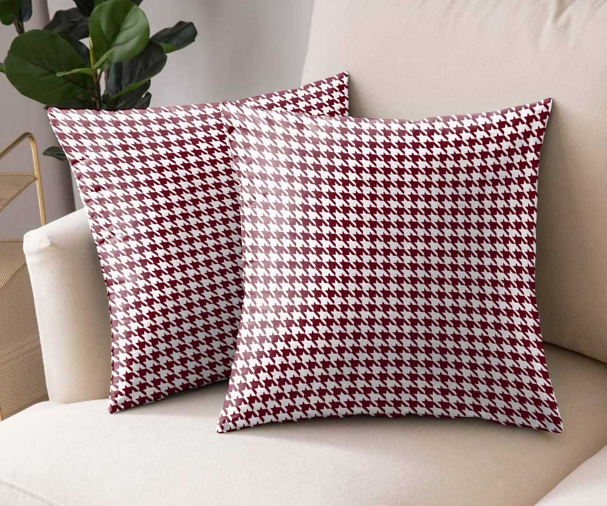 HOUNDSTOOTH MAROON DIGITAL PRINTED CUSHION COVER (Pack of 2)
