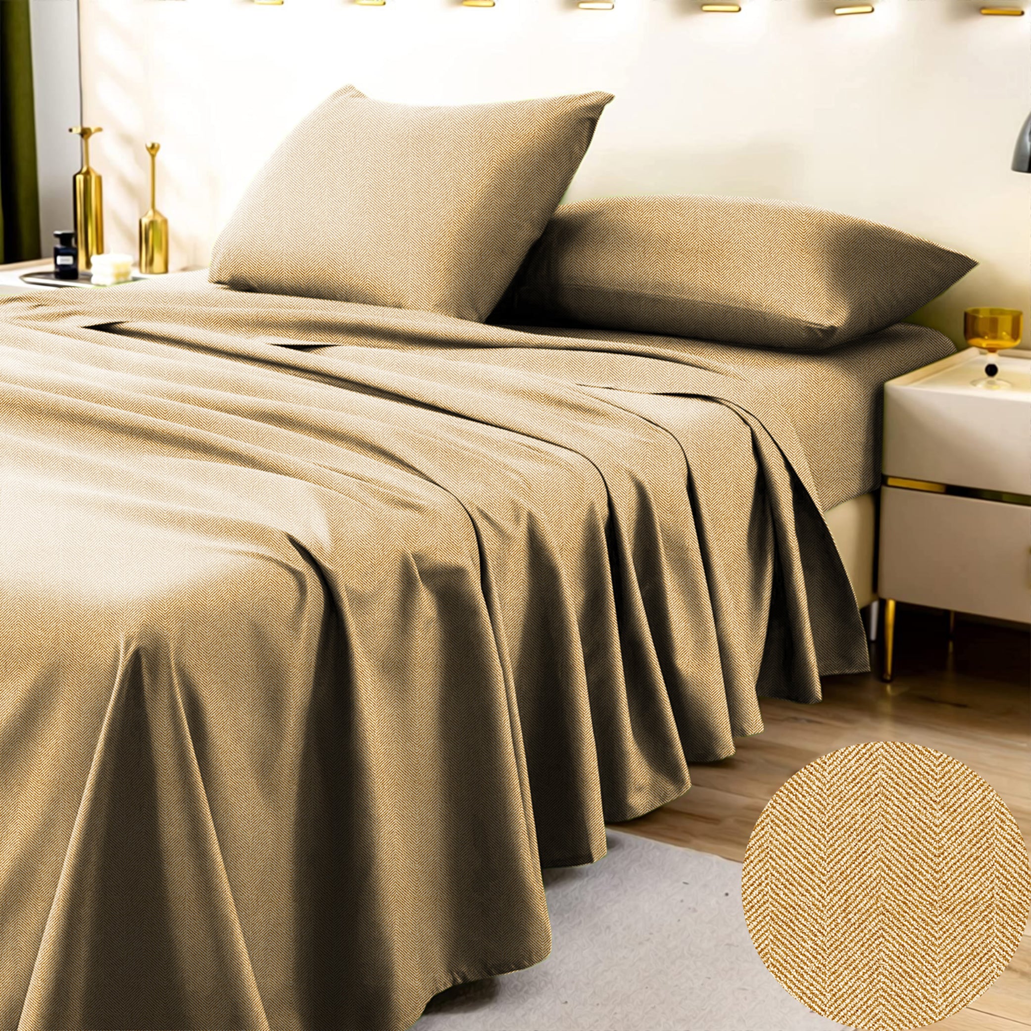 Herringbone Mustard Bedcover for Double Bed with 2 PillowCovers King Size (104" X 90")