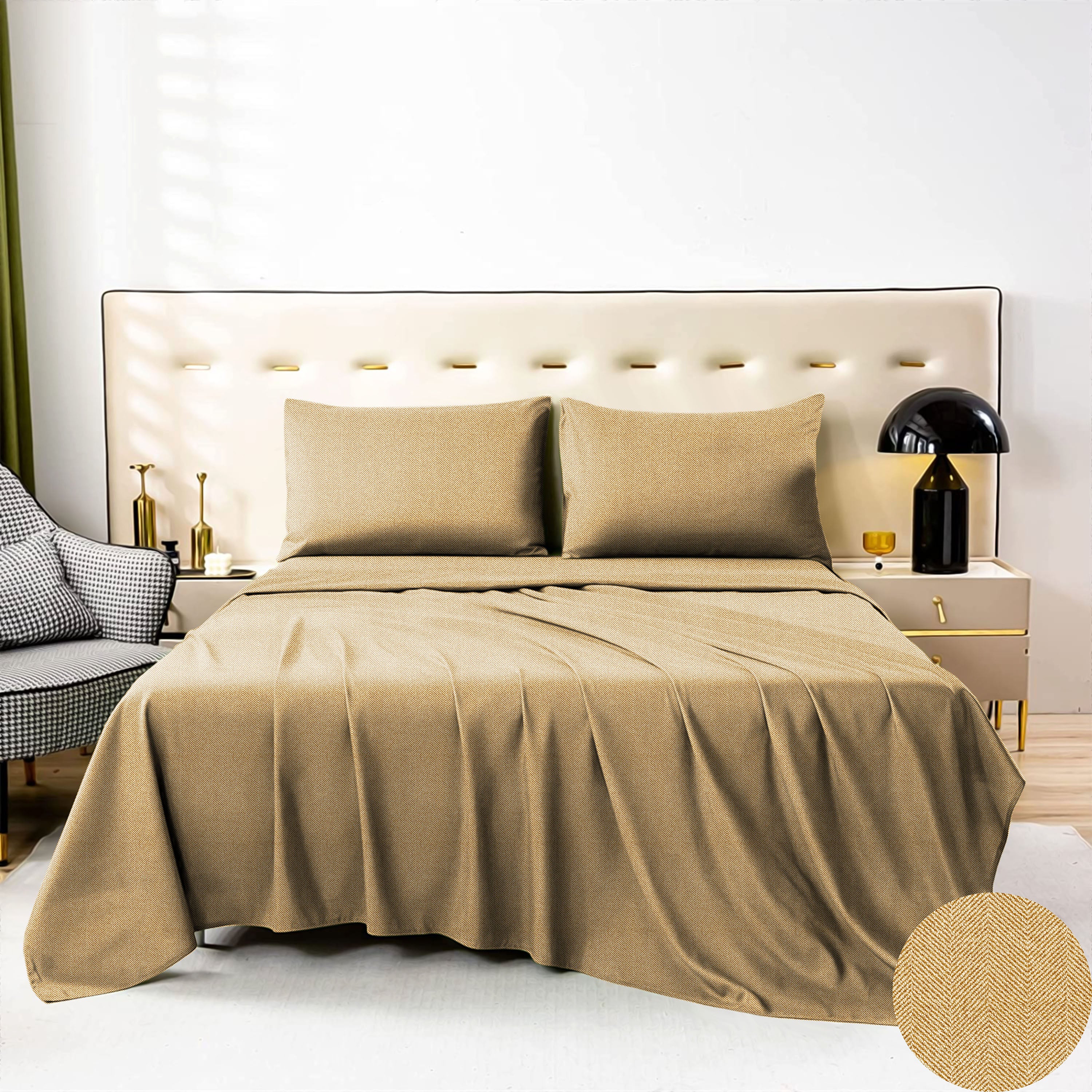 Herringbone Mustard Bedcover for Double Bed with 2 PillowCovers King Size (104" X 90")