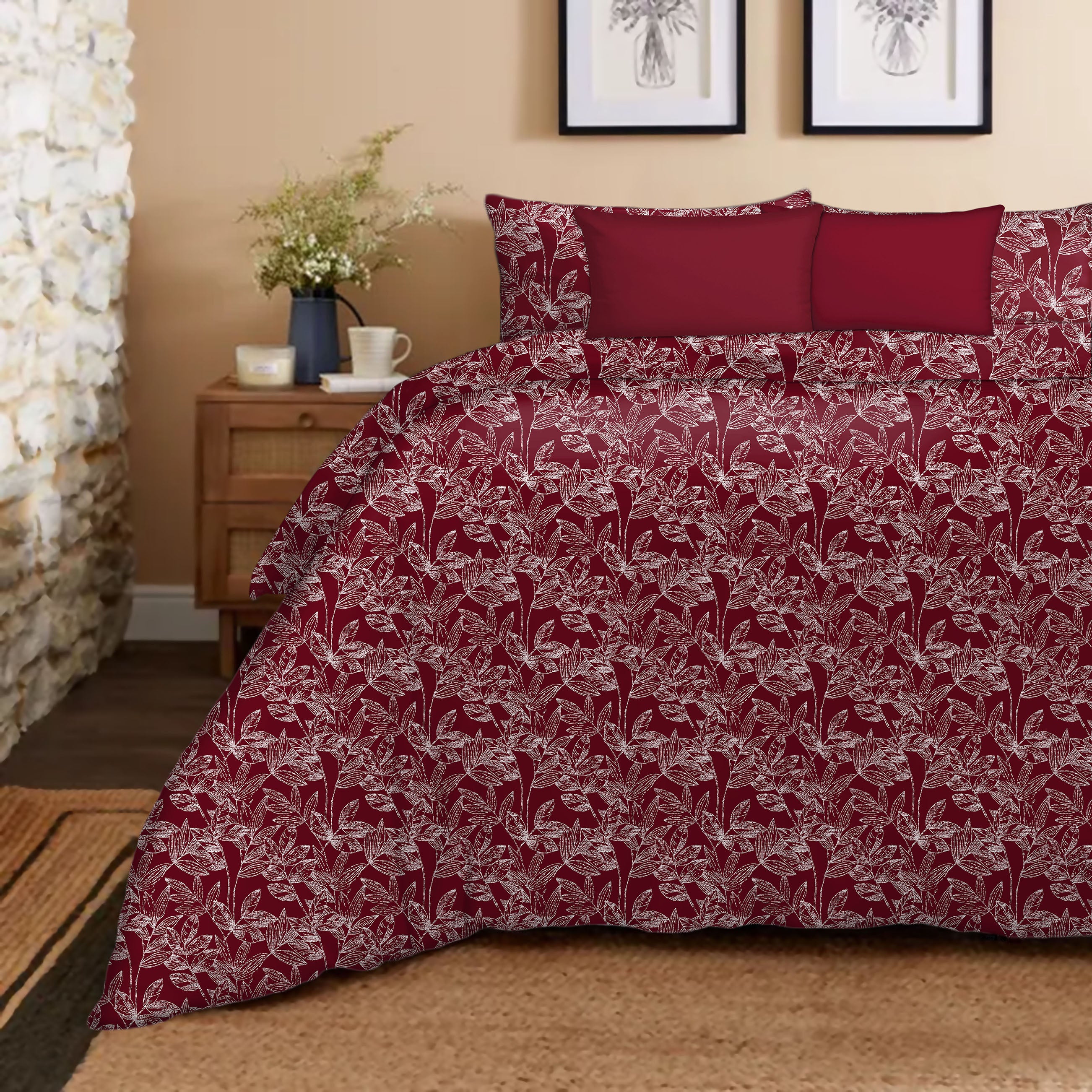 Meadow Maroon Bedcover for Double Bed with 2 Pillow Covers King Size (104" X 90")