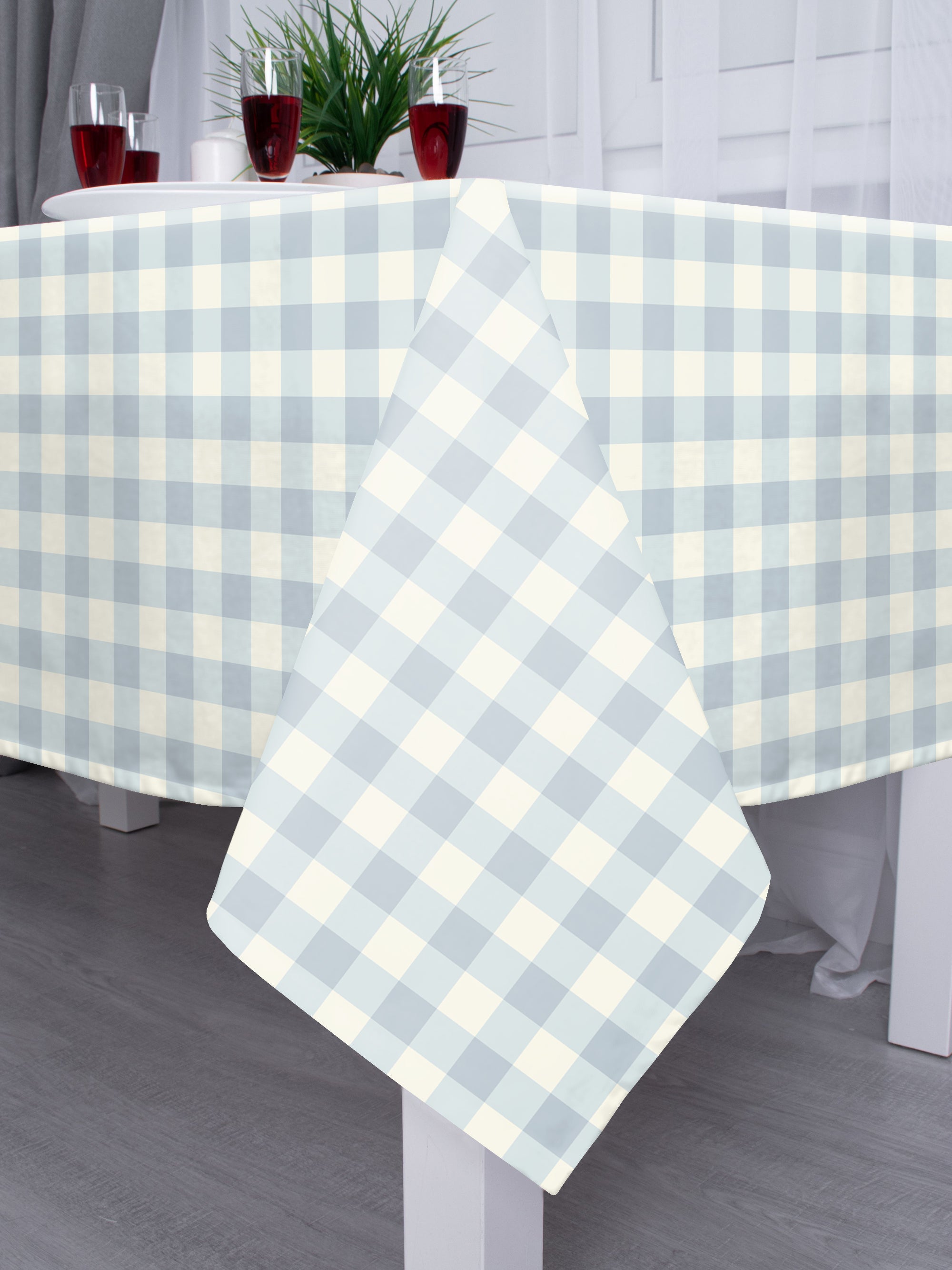 SPRING GALLERY BIG CHECK Metallic Silver 6 Seater Table Cloth