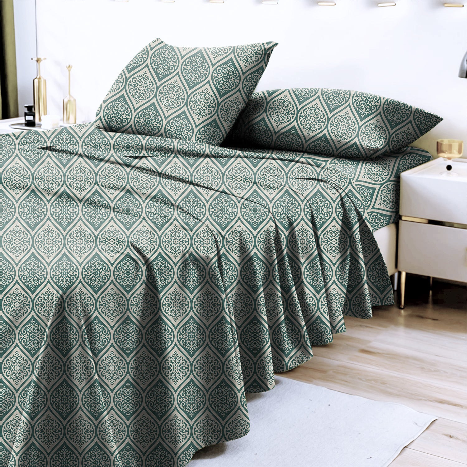 Manhattan Mineral Green Bedcover for Double Bed with 2 Pillow Covers King Size (104" X 90")
