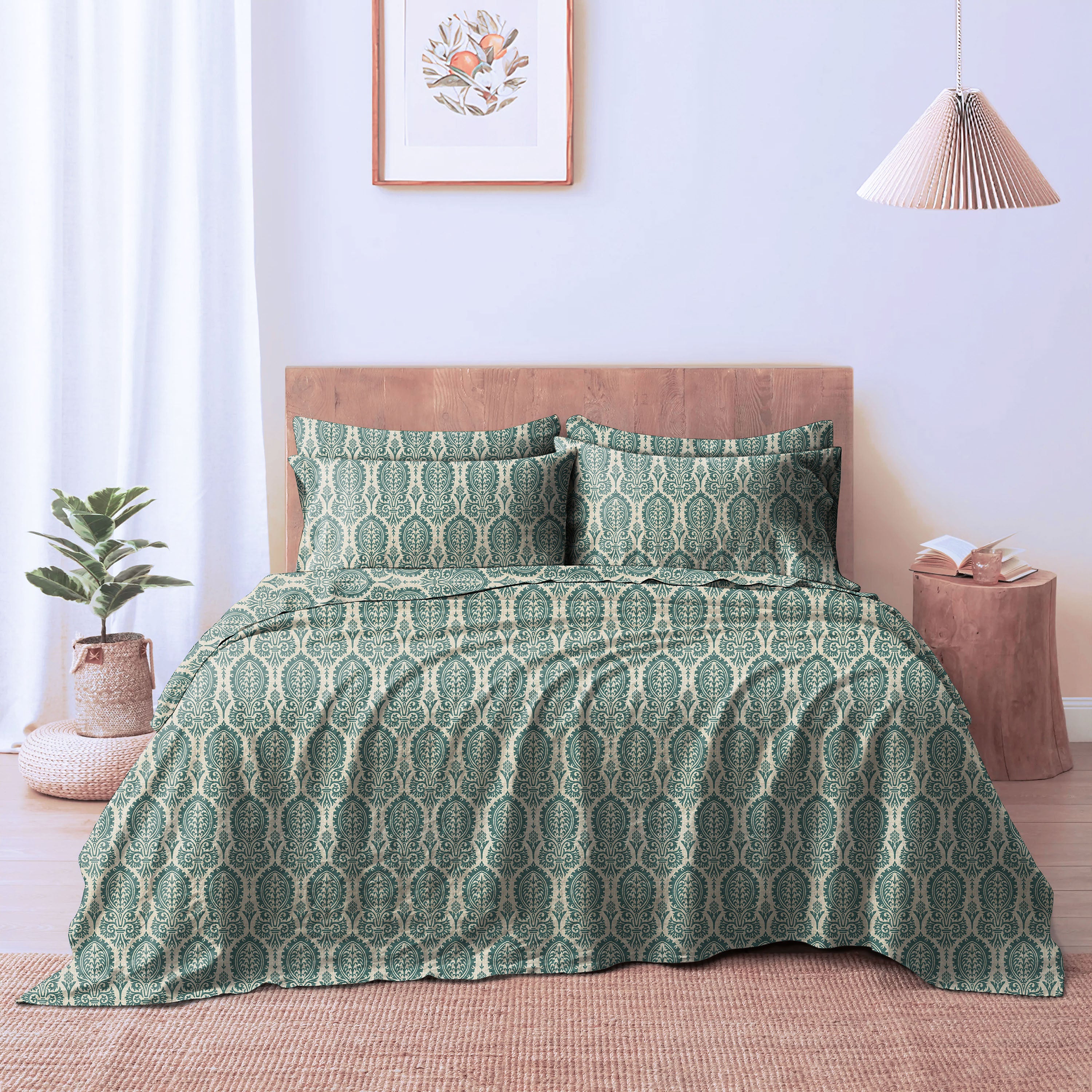 Manchester Mineral Green Bedcover for Double Bed with 2 Pillow Covers King Size (104" X 90")