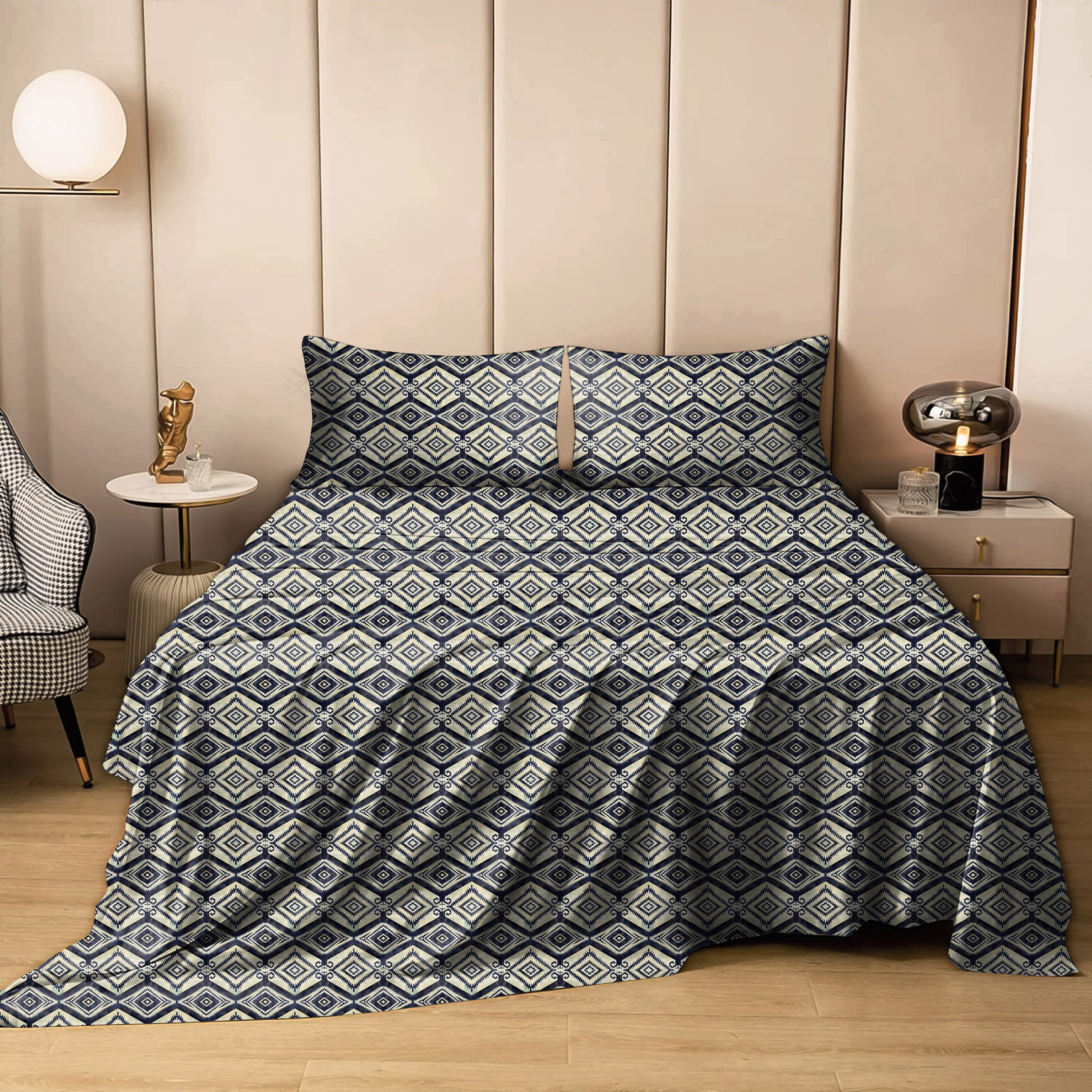 Madrid Navy Bedcover for Double Bed with 2 PillowCovers King Size (104" X 90")