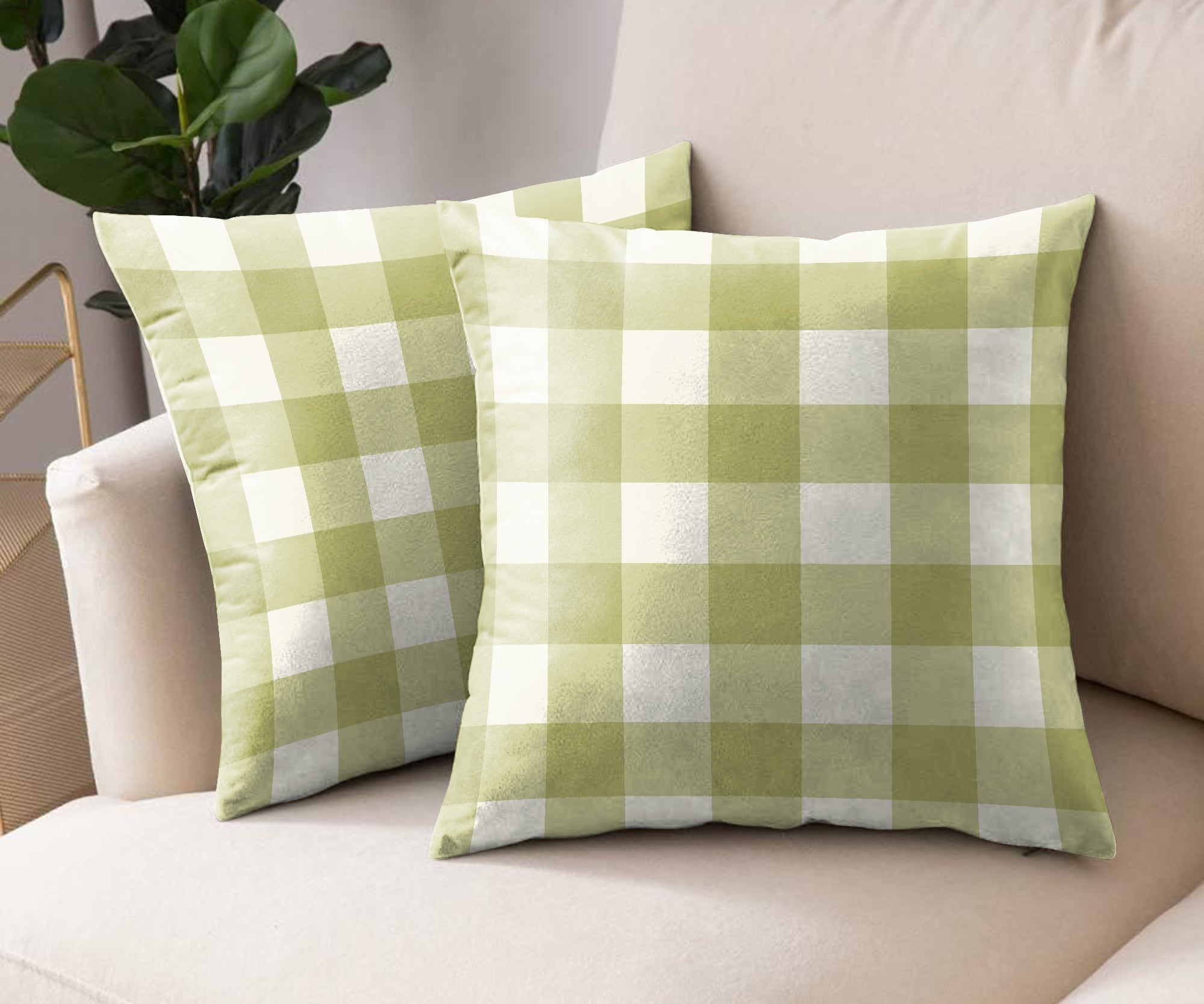 SPRING GALLERY BIG CHECK OLIVE GREEN DIGITAL PRINTED CUSHION COVER (Pack of 2)