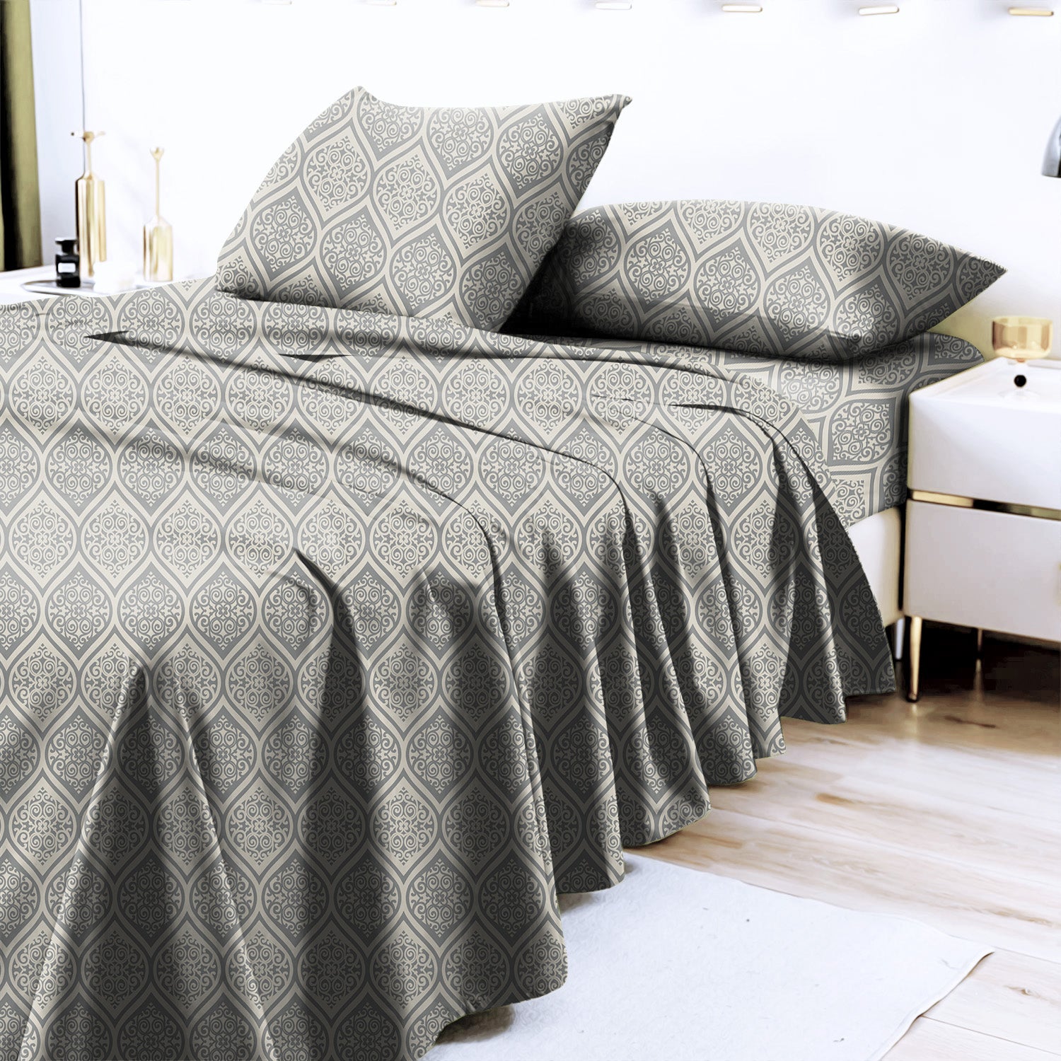 Manhattan Oslo Grey Bedcover for Double Bed with 2 Pillow Covers King Size (104" X 90")