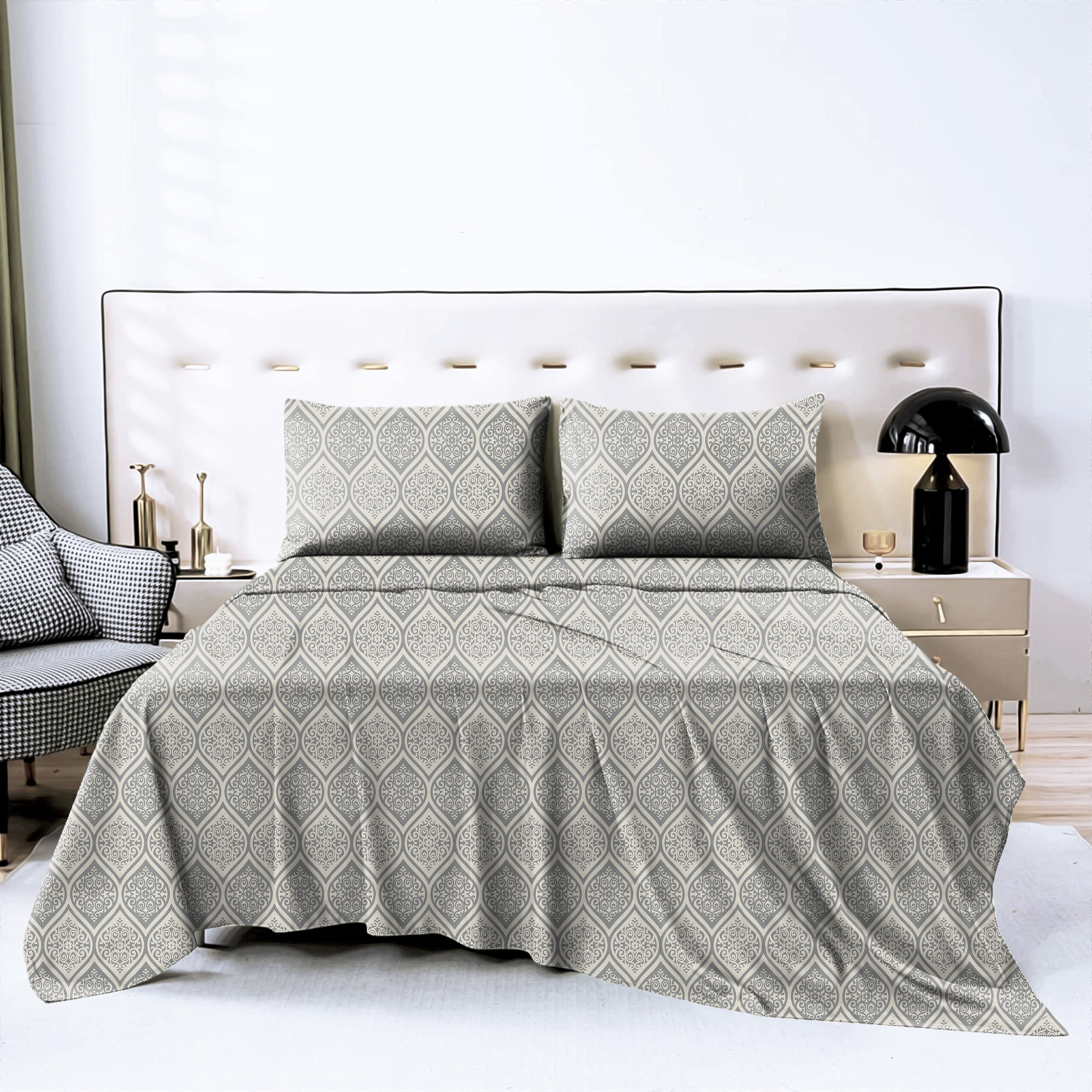 Manhattan Oslo Grey Bedcover for Double Bed with 2 Pillow Covers King Size (104" X 90")