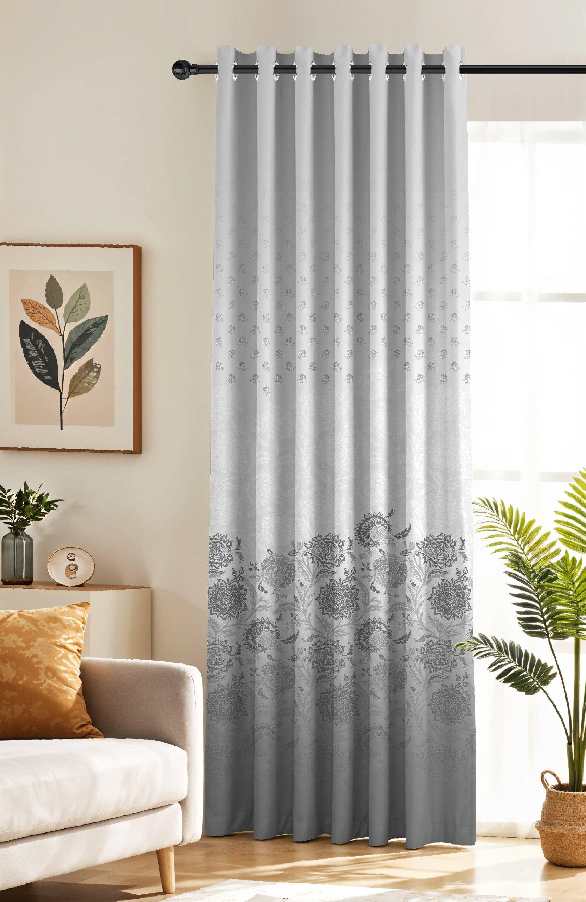 BOTANICA PEWTER GREY PRINTED ROOM DARKENING CURTAIN