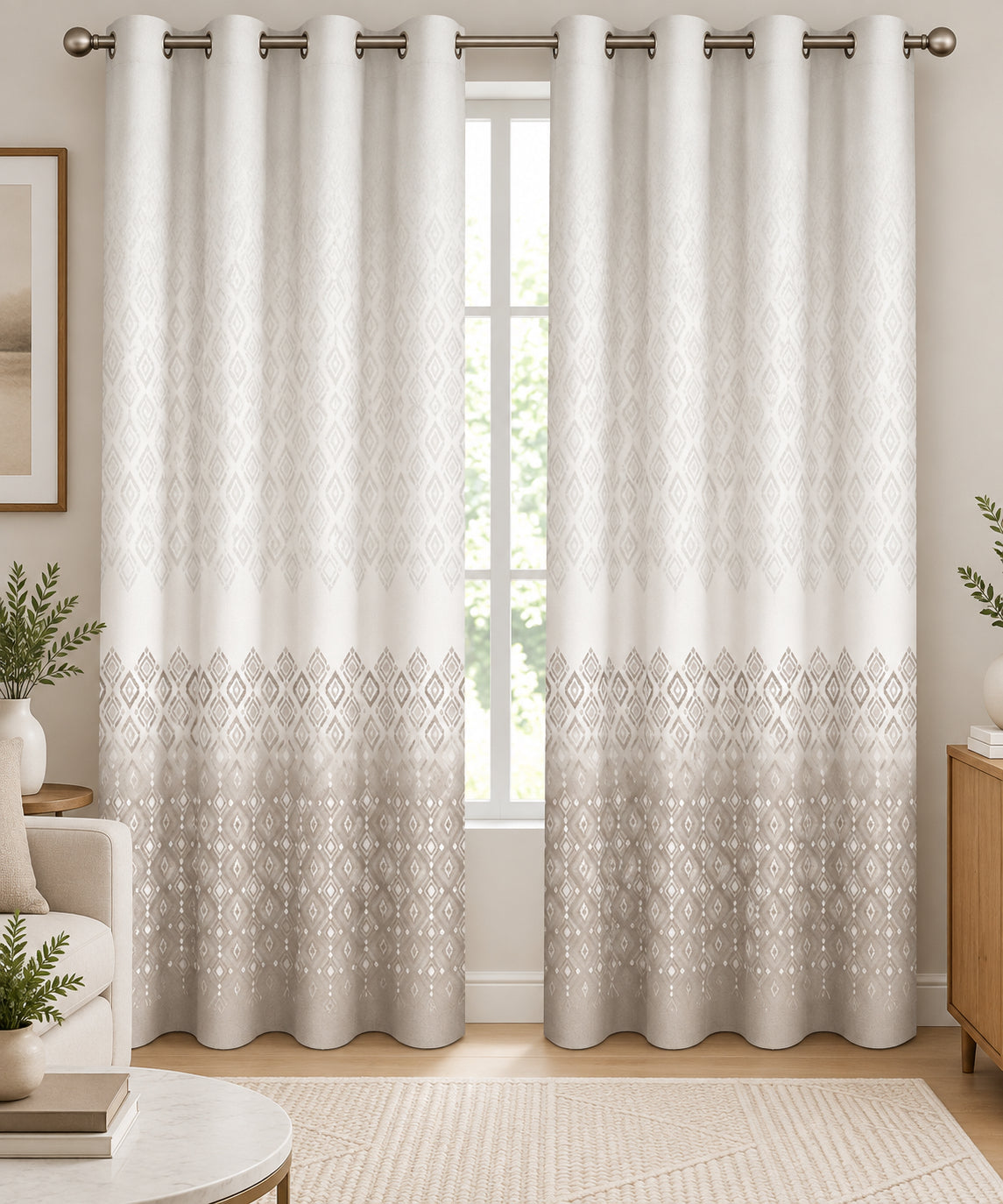 BEIGE DIAMOND PRINTED ROOM DARKENING CURTAIN